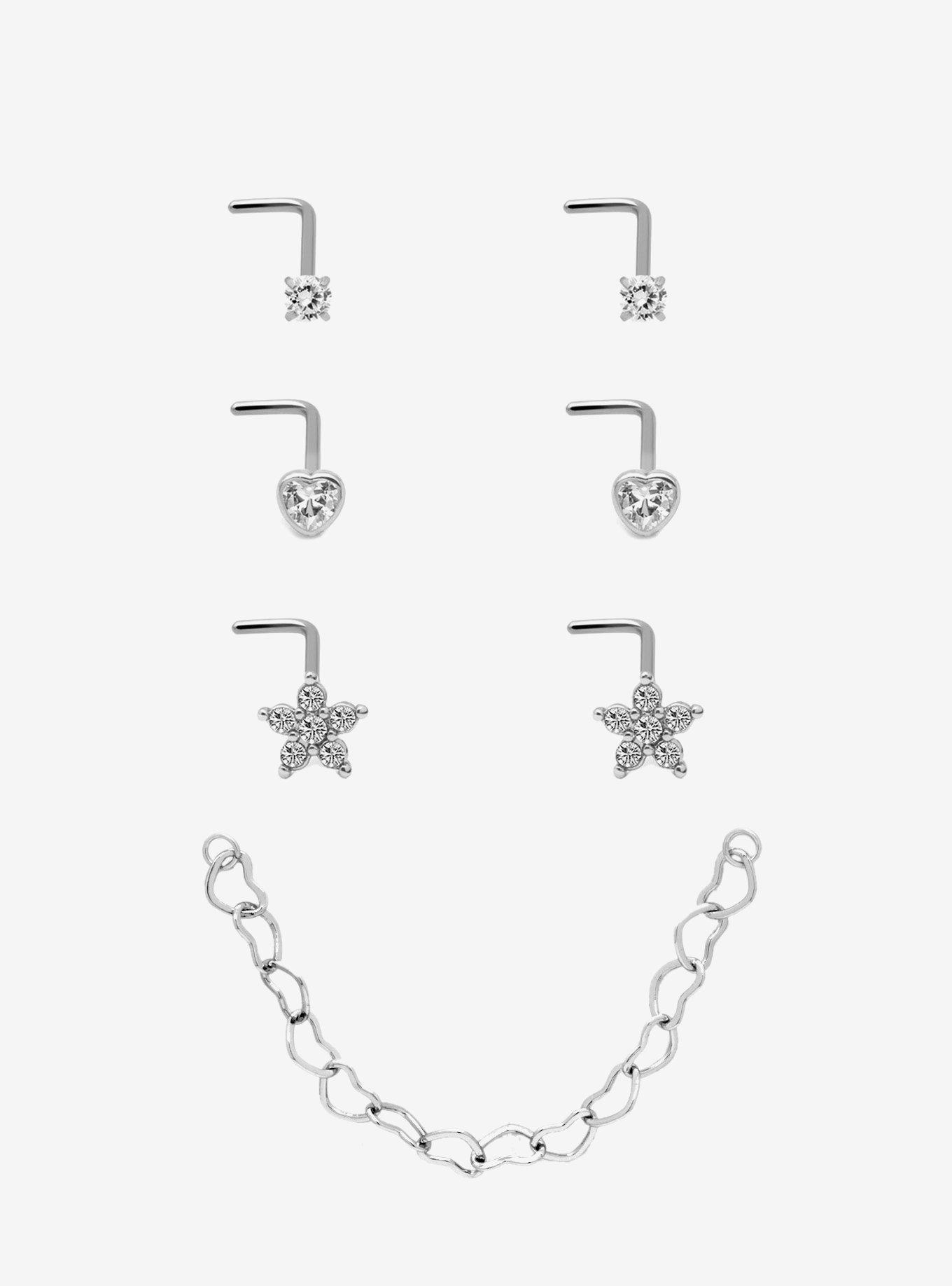 Steel Bling Star Heart Nose Stud & Chain 7 Pack, , hi-res
