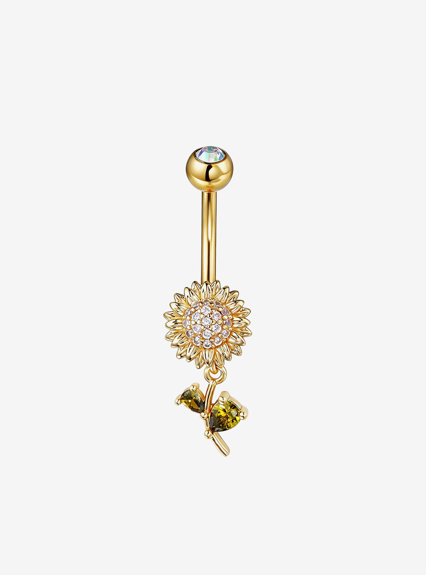Steel Gold Sunflower Navel Barbell, , hi-res