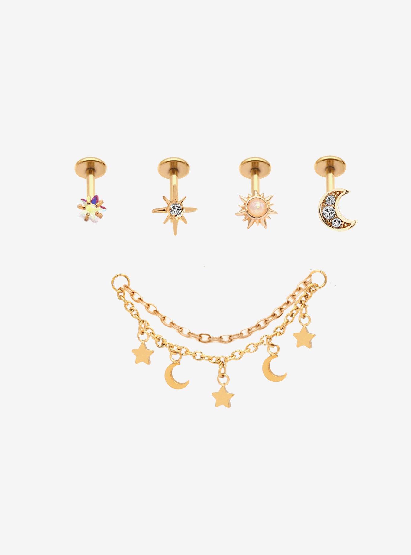 Steel Gold Celestial Nose Stud & Chain 5 Pack, , hi-res