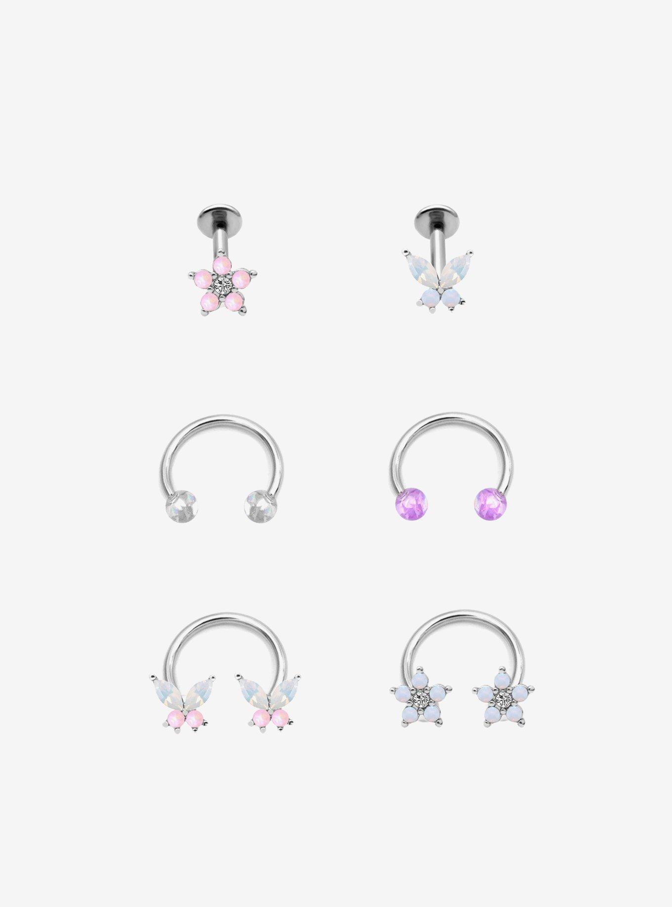 Steel Opalite Butterfly Flower Nose Stud & Circular Hoop 6 Pack, , hi-res