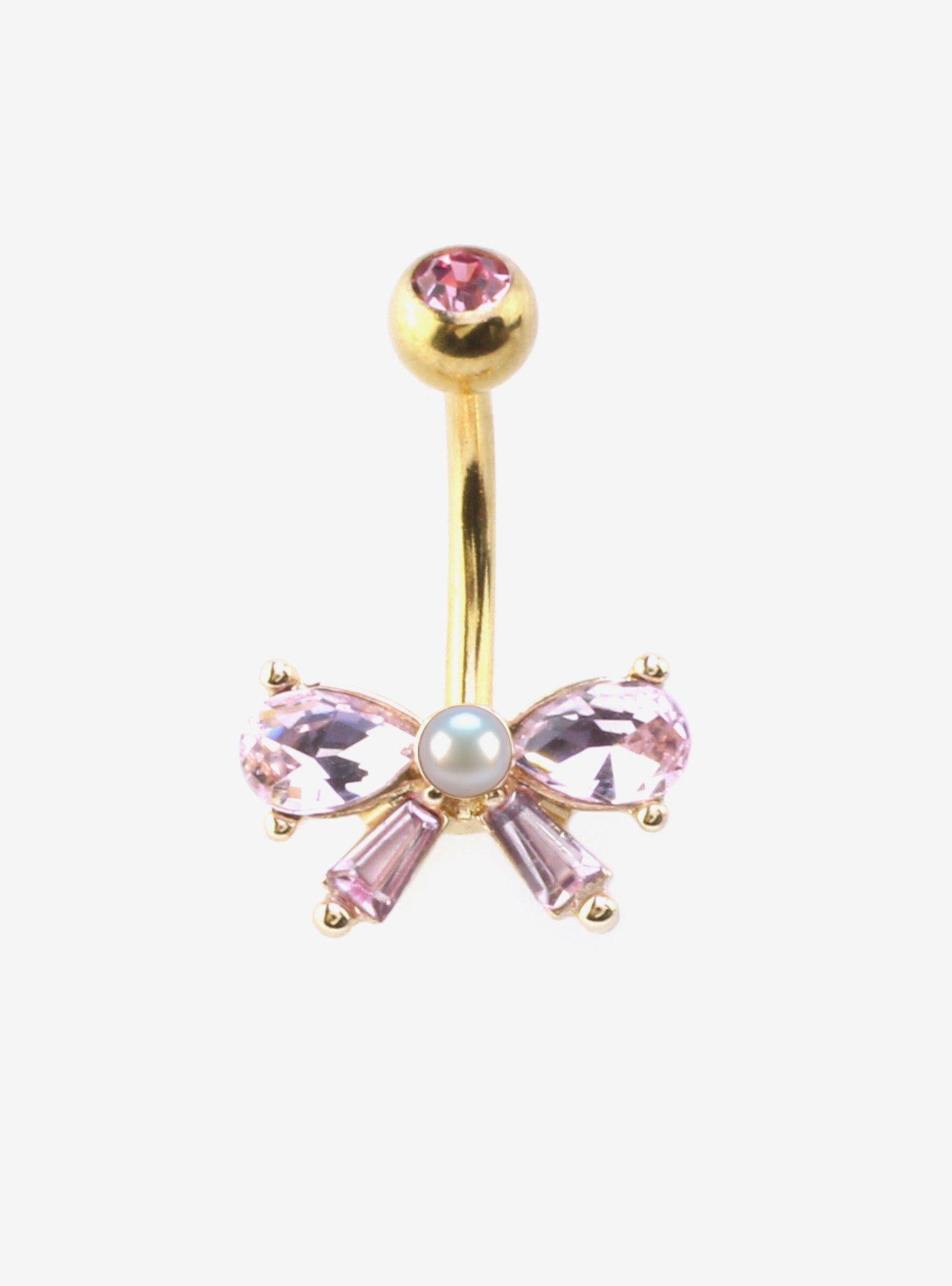 Steel Pink Bling Bow Navel Barbell, , hi-res