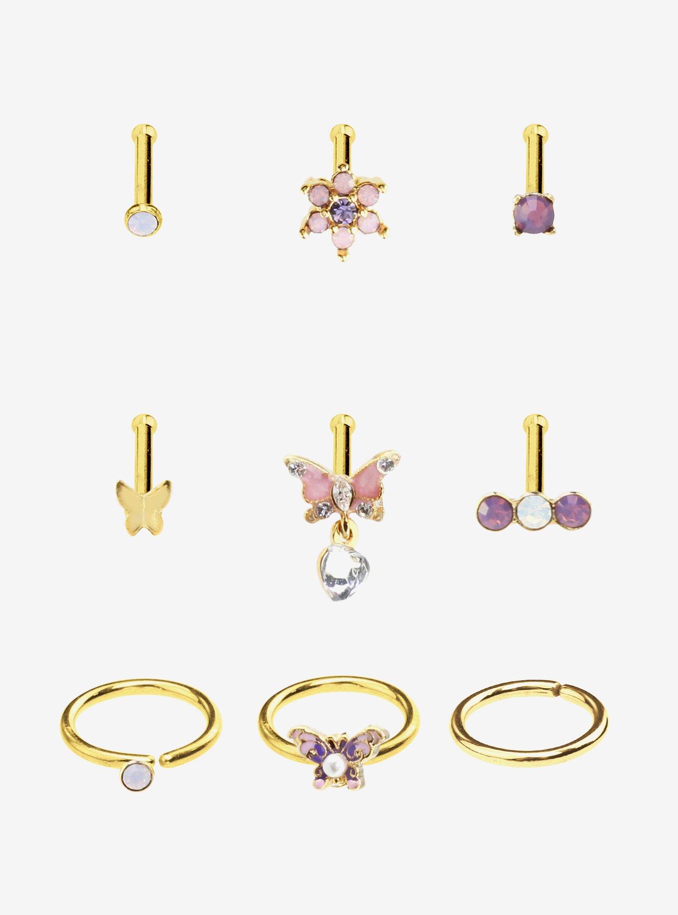 Steel Pink & Purple Butterfly Flower Nose Stud & Hoop 9 Pack