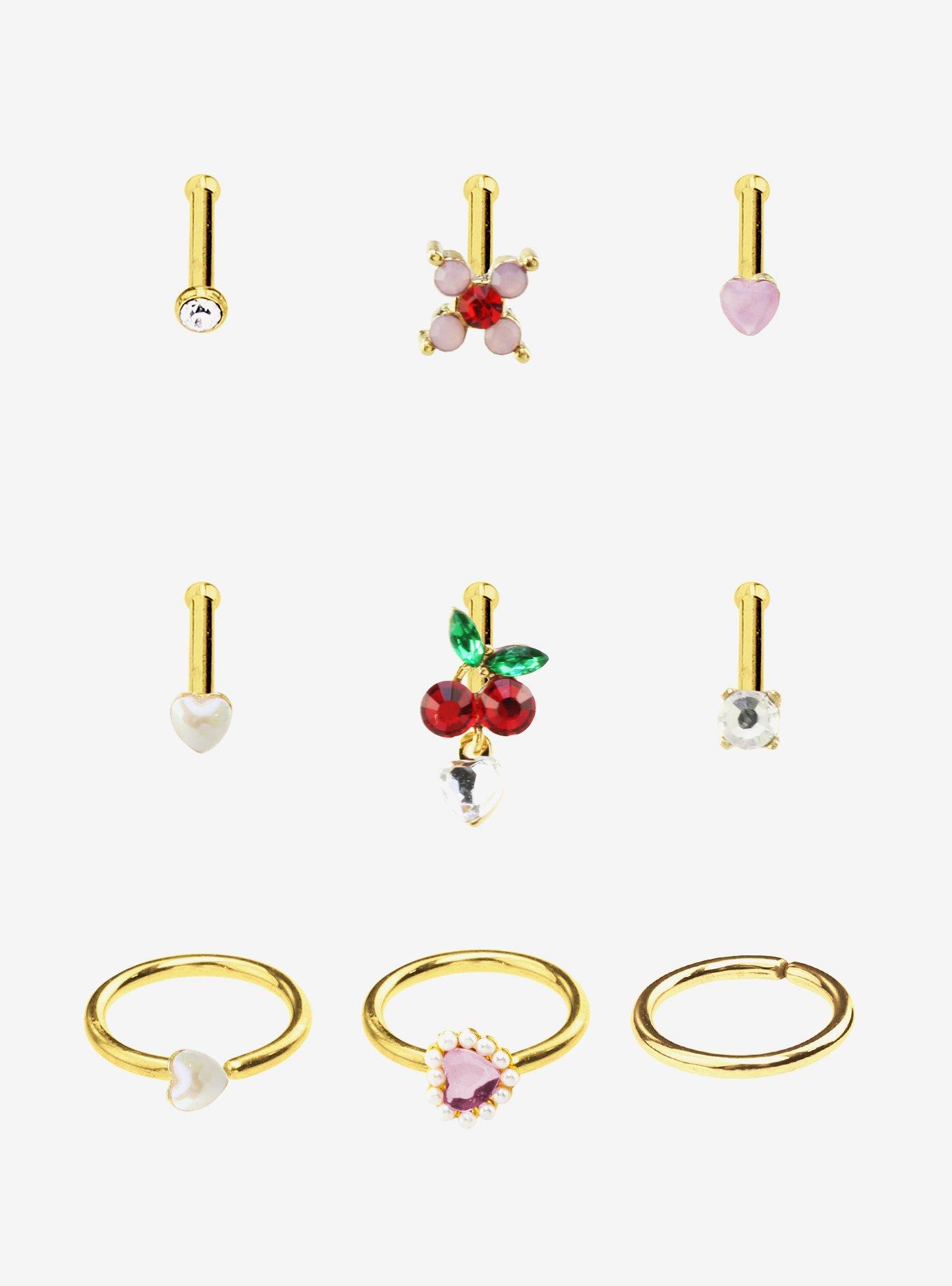 Steel Gold Cherry & Heart Nose Stud & Hoop 9 Pack, , hi-res