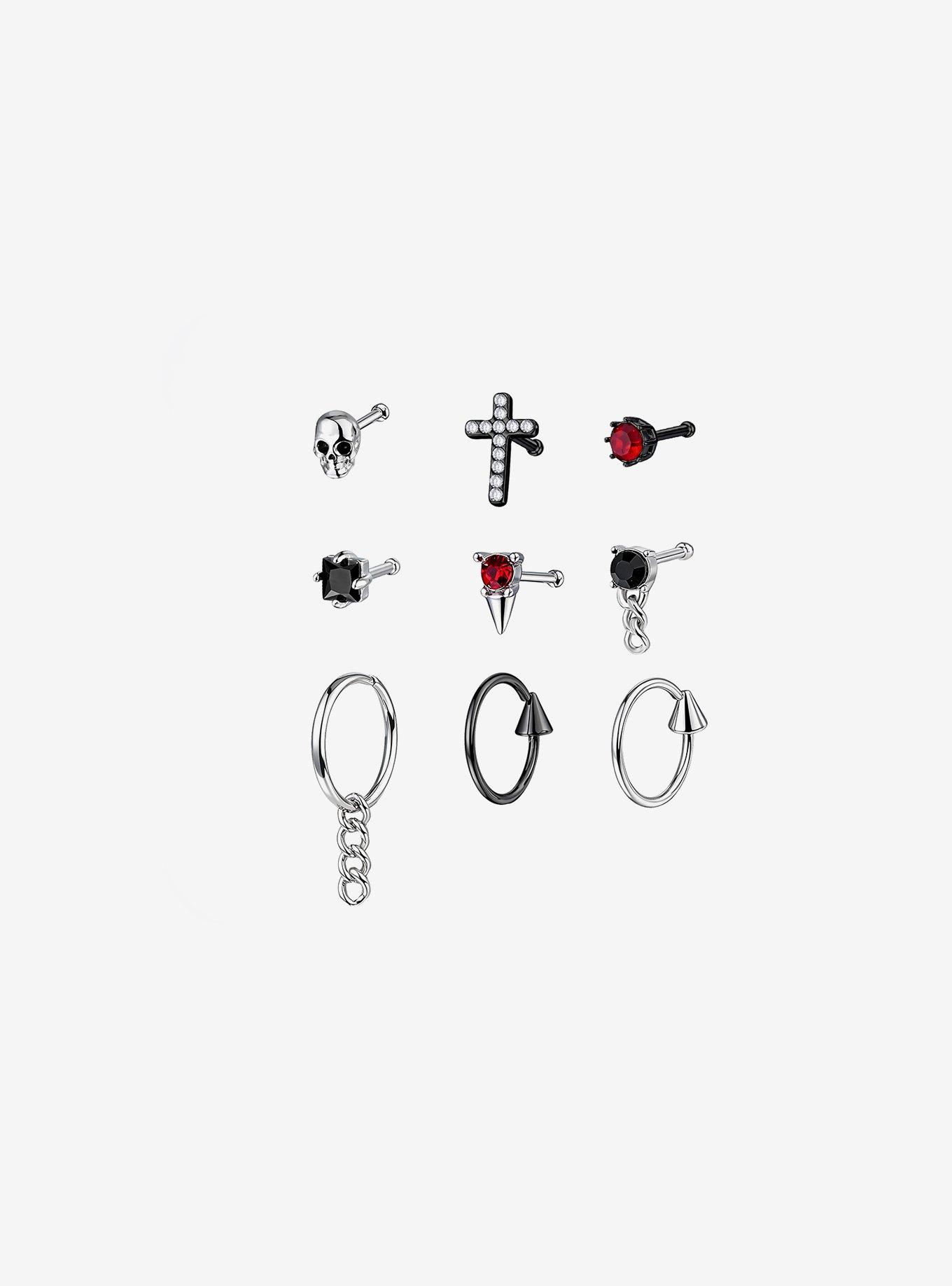 Steel Goth Skull Cross Spike Nose Stud & Hoop 9 Pack, , hi-res