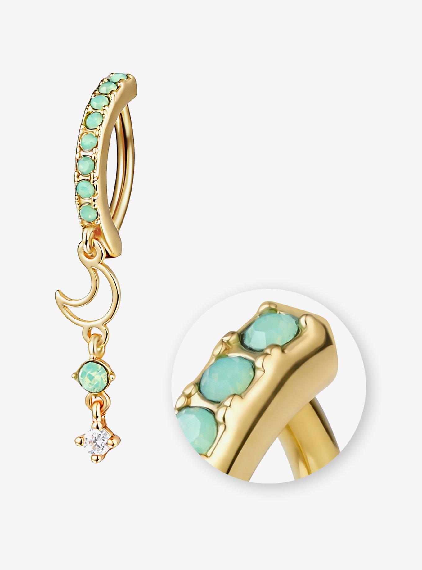 Steel Gold Blue Green Gem & Moon Navel Hinged Clicker, , hi-res