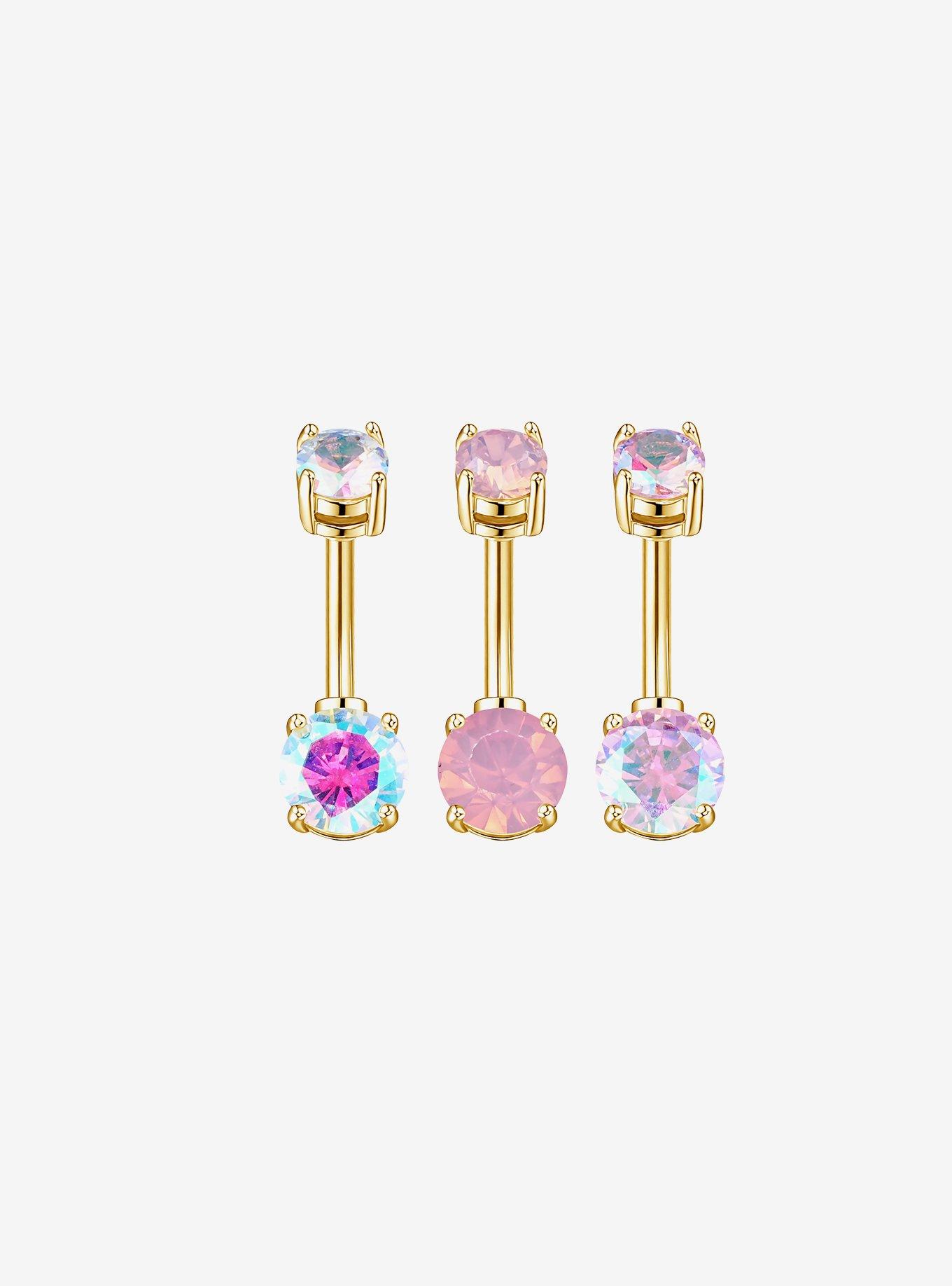Steel Gold Pink Iridescent Navel Barbell 3 Pack, , hi-res