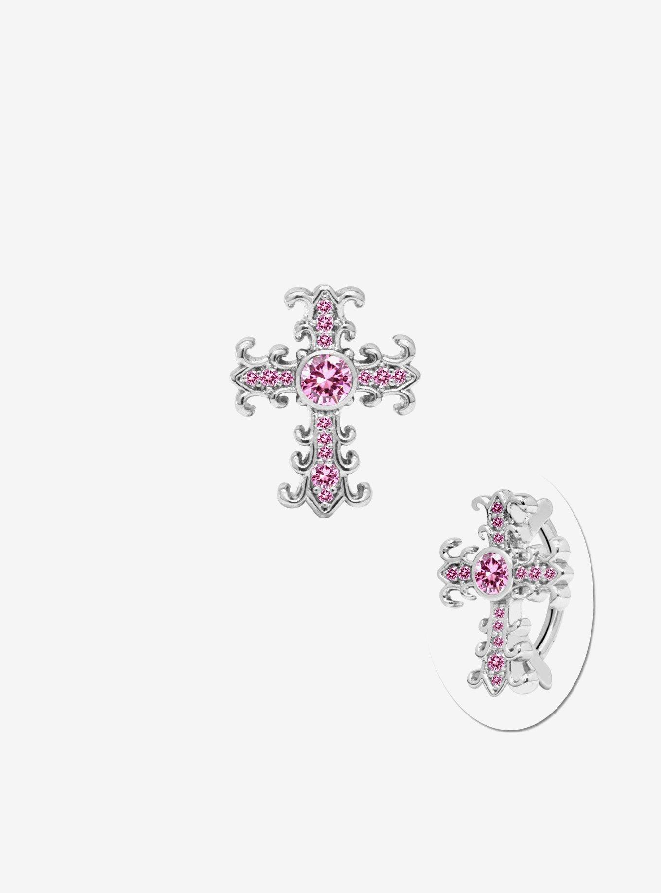 Steel Cross Pink Bling Navel Hinged Clicker, , hi-res