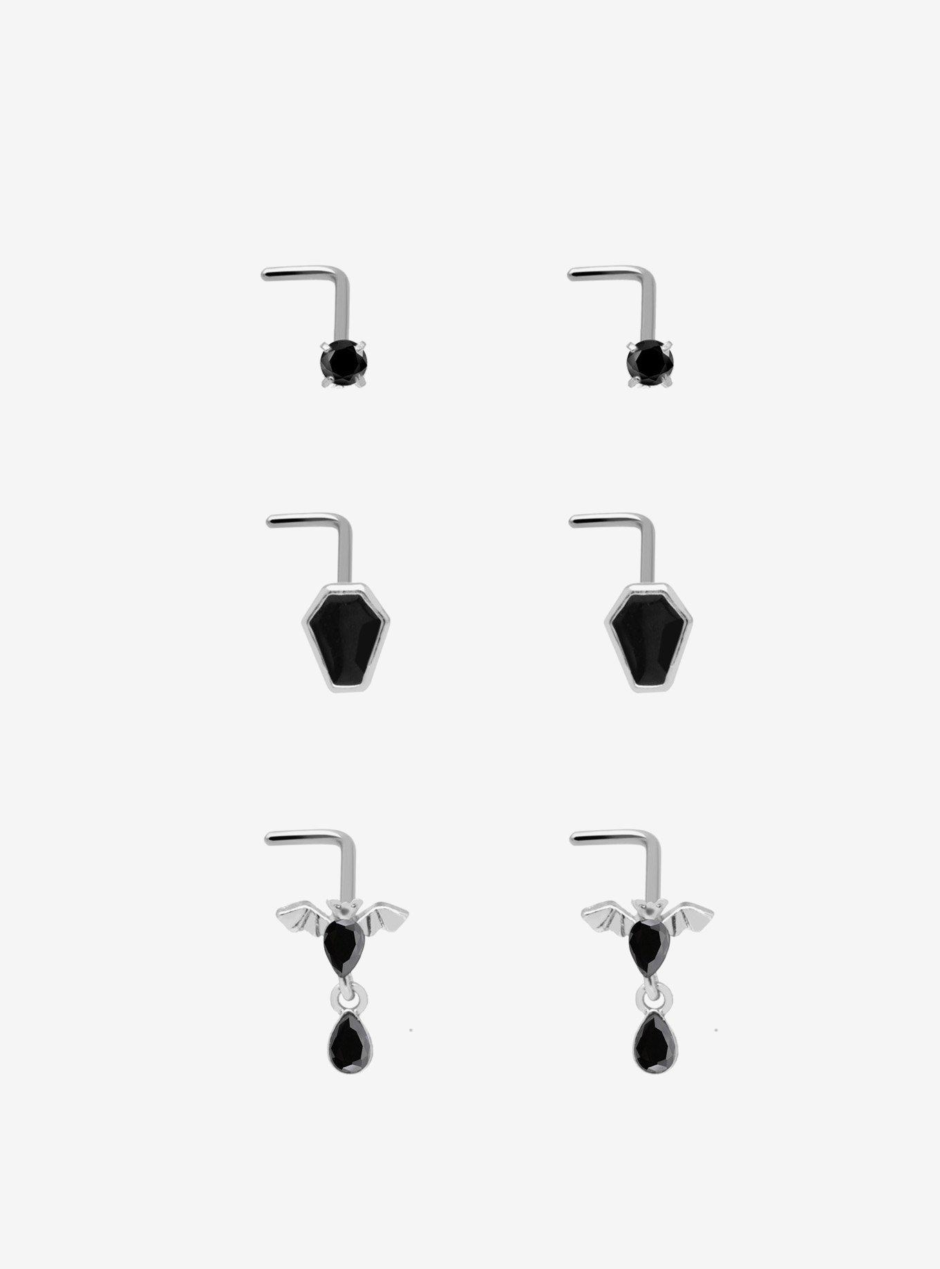 Steel Silver Black Gem Bat Coffin Nose Stud 6 Pack, , hi-res