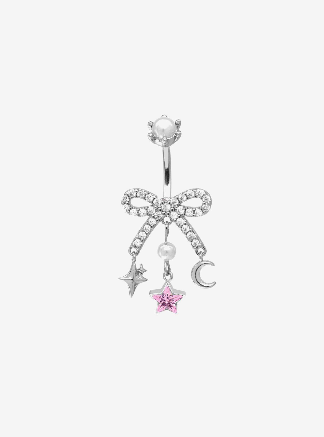 Steel Silver Rhinestone Bow Pink Star Navel Barbell, , hi-res