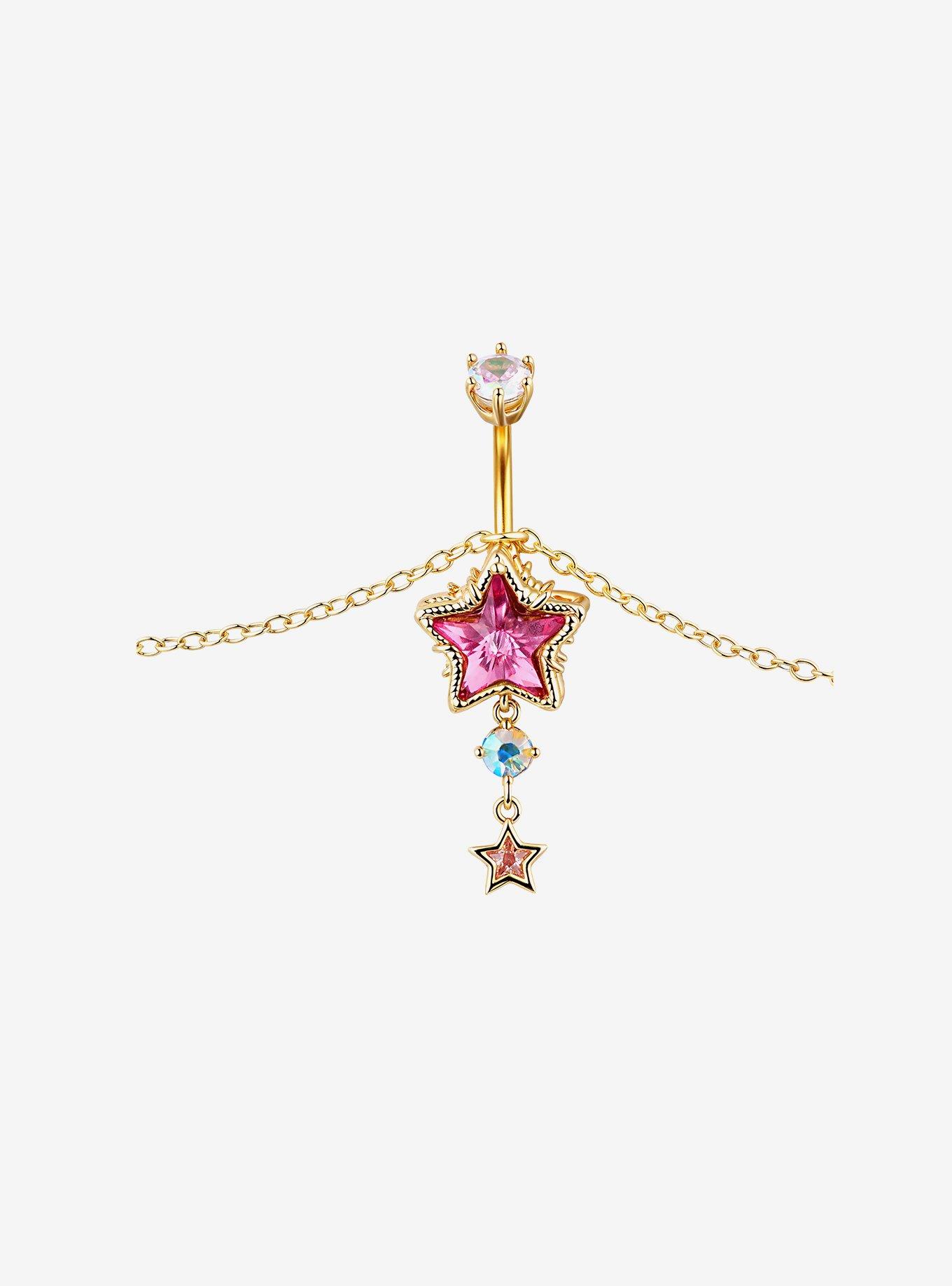 Pink Star Gem Navel Barbell & Belly Chain, , hi-res