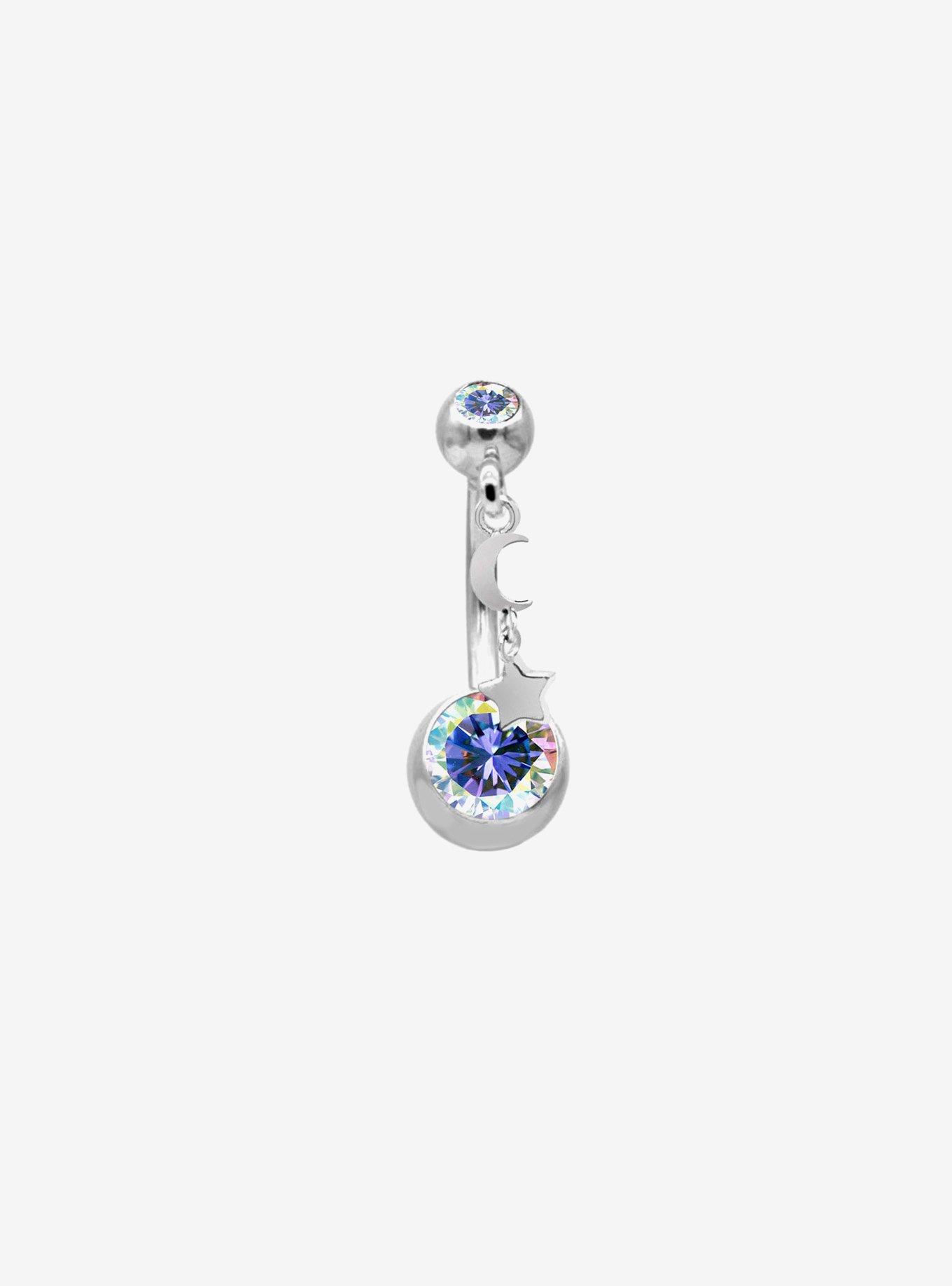 Steel Silver Iridescent Celestial Charm Navel Barbell, , hi-res