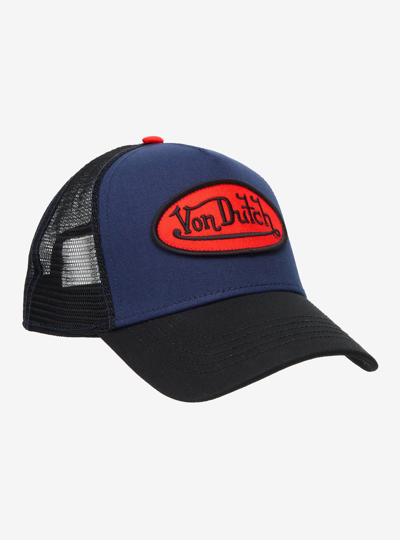 Von Dutch Black Blue & Red Logo Trucker Hat, , hi-res