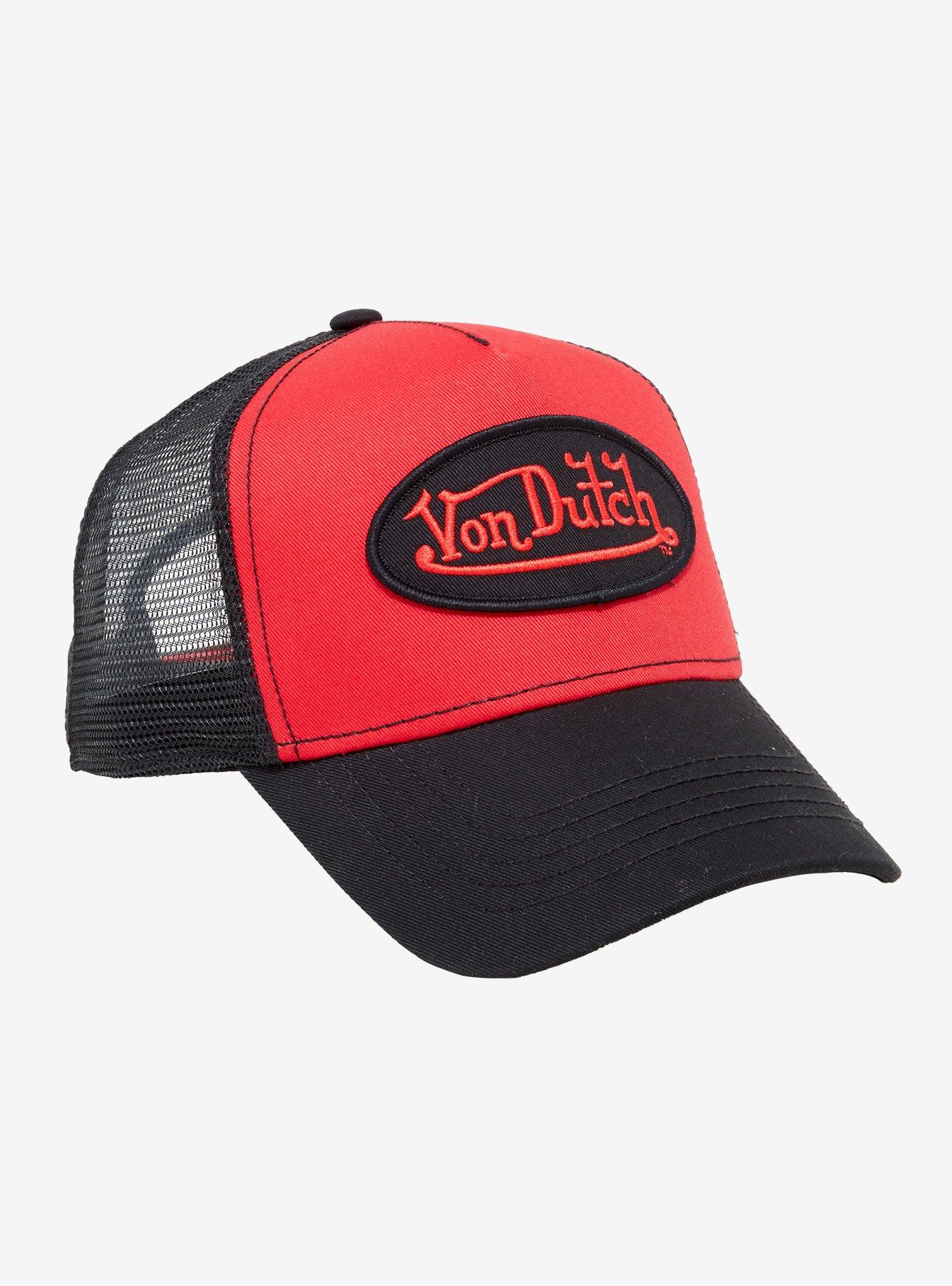 Von Dutch Red & Black Logo Trucker Hat, , hi-res