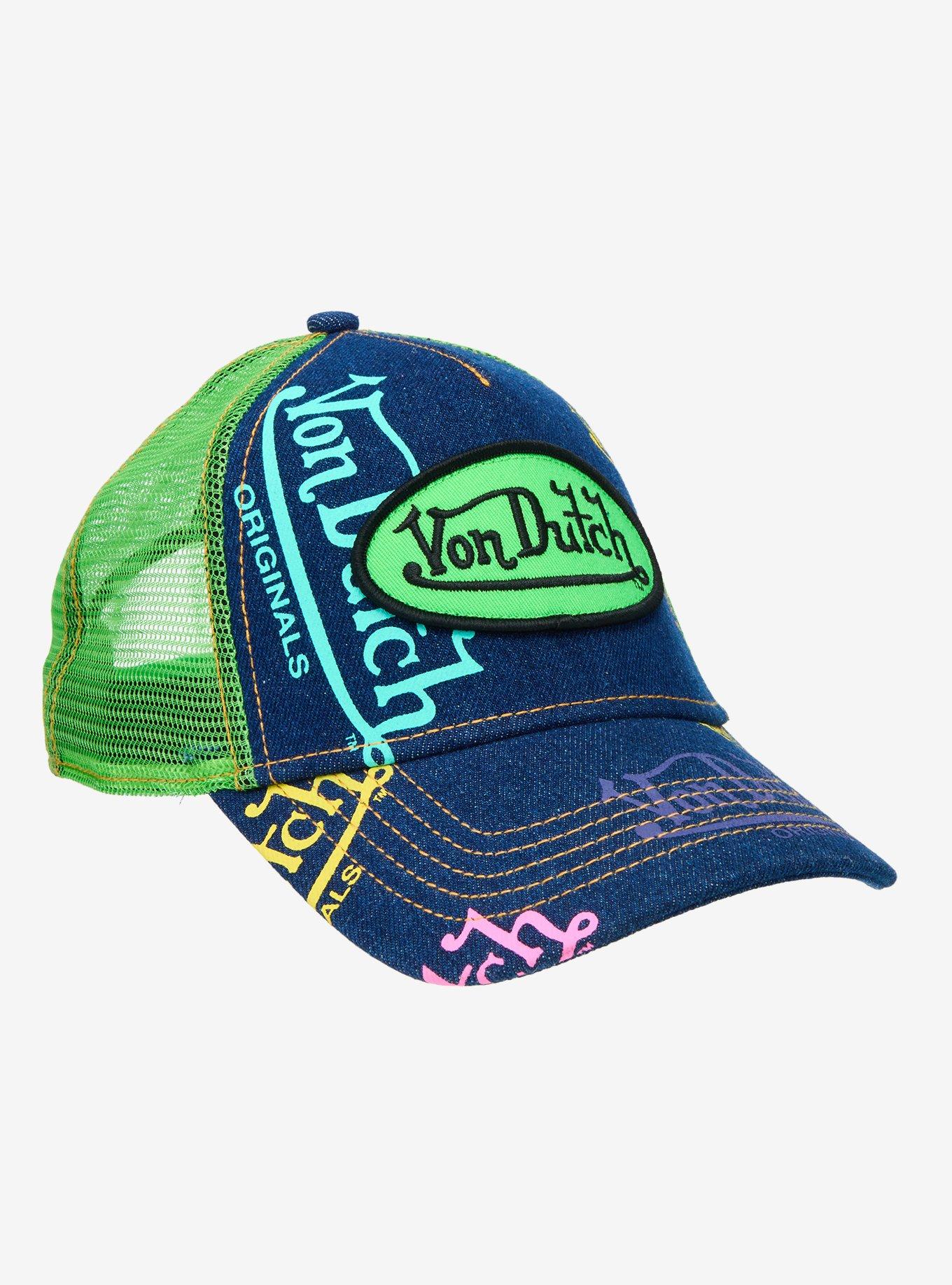 Von Dutch Lime Green & Denim Logo Trucker Hat, , hi-res
