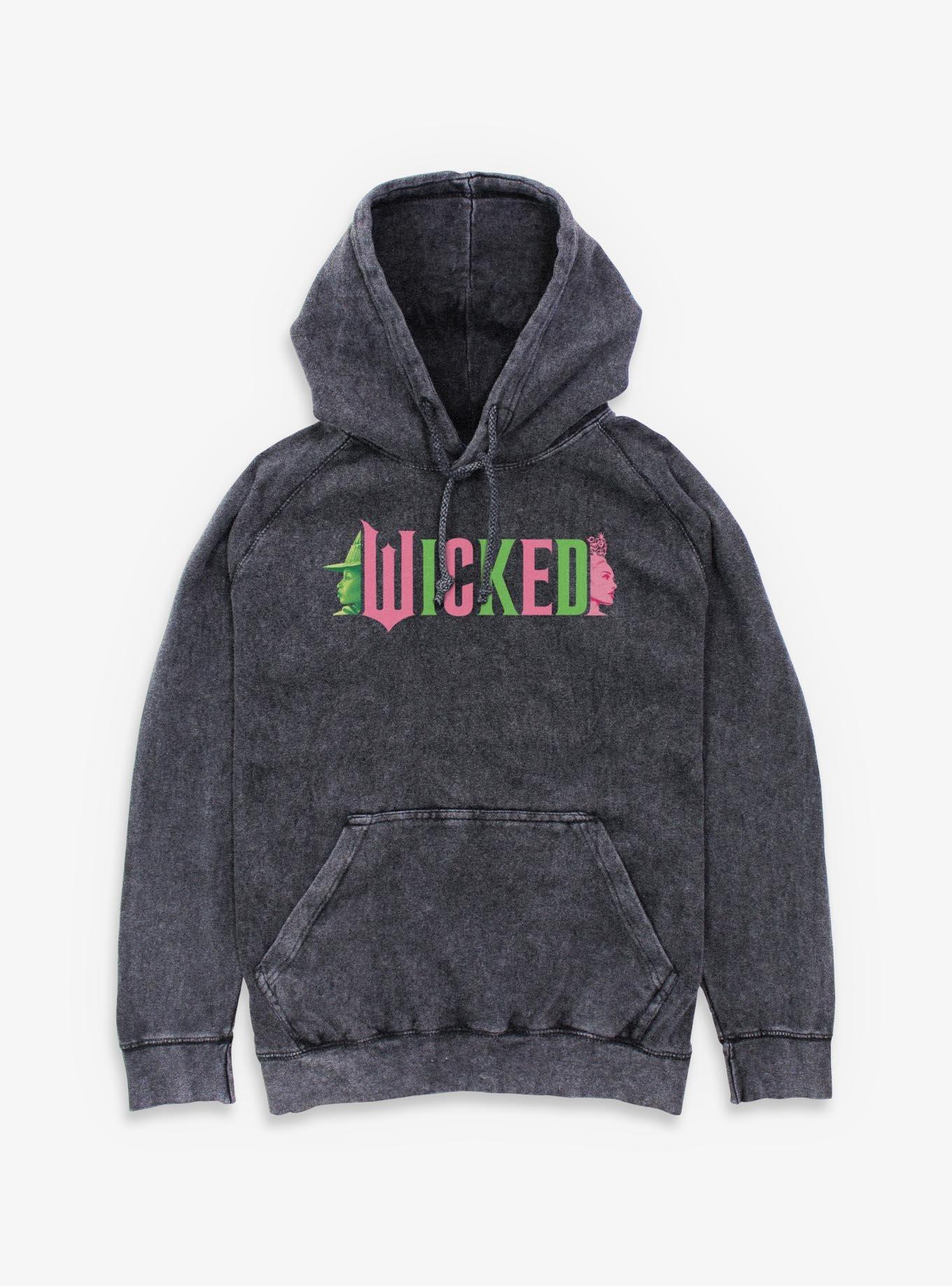 Wicked Elphaba and Glinda Silhouettes Logo Mineral Wash Hoodie, BLACK, hi-res