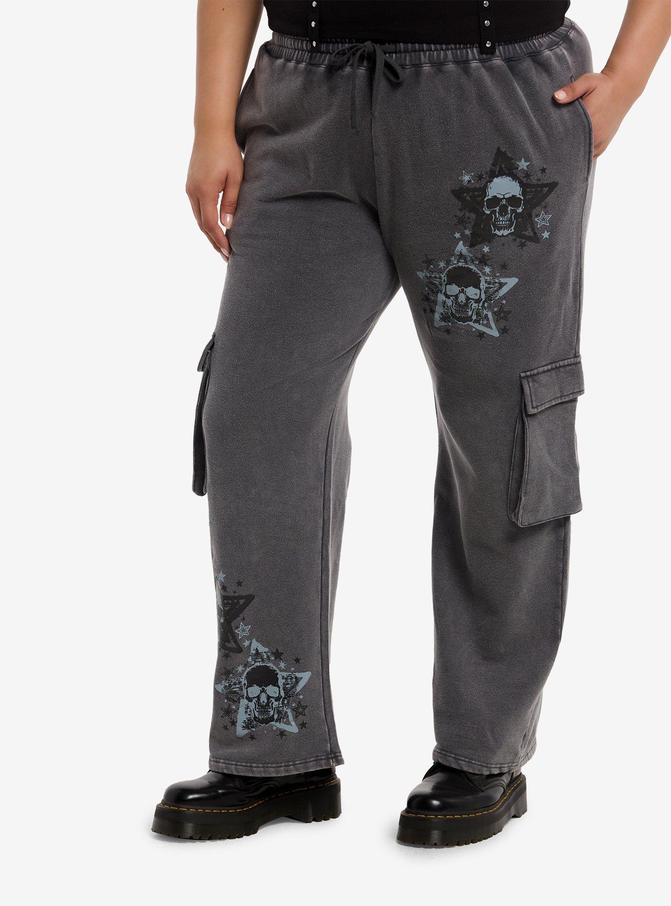 Grey & Blue Skull Star Cargo Sweatpants Plus Size, , hi-res