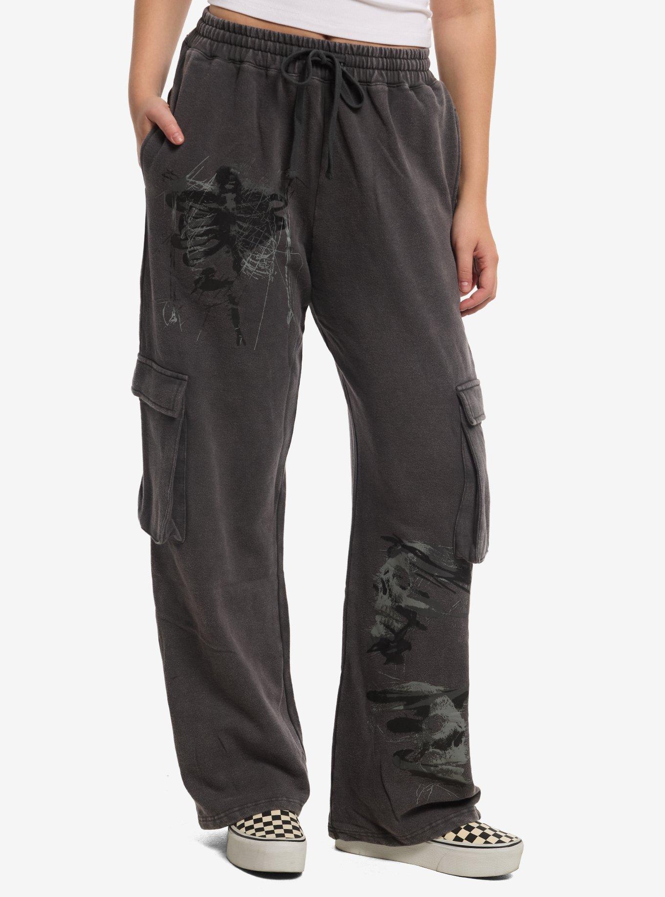 Skull Rib Cage Art Grey Wash Cargo Sweatpants, , hi-res