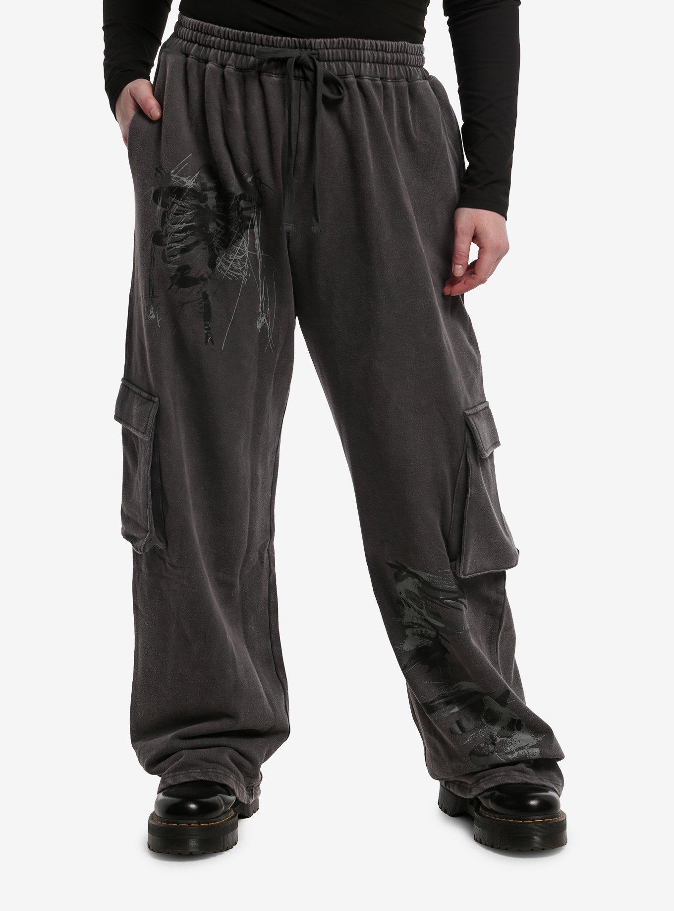 Skull Rib Cage Art Grey Wash Cargo Sweatpants Plus Size, , hi-res