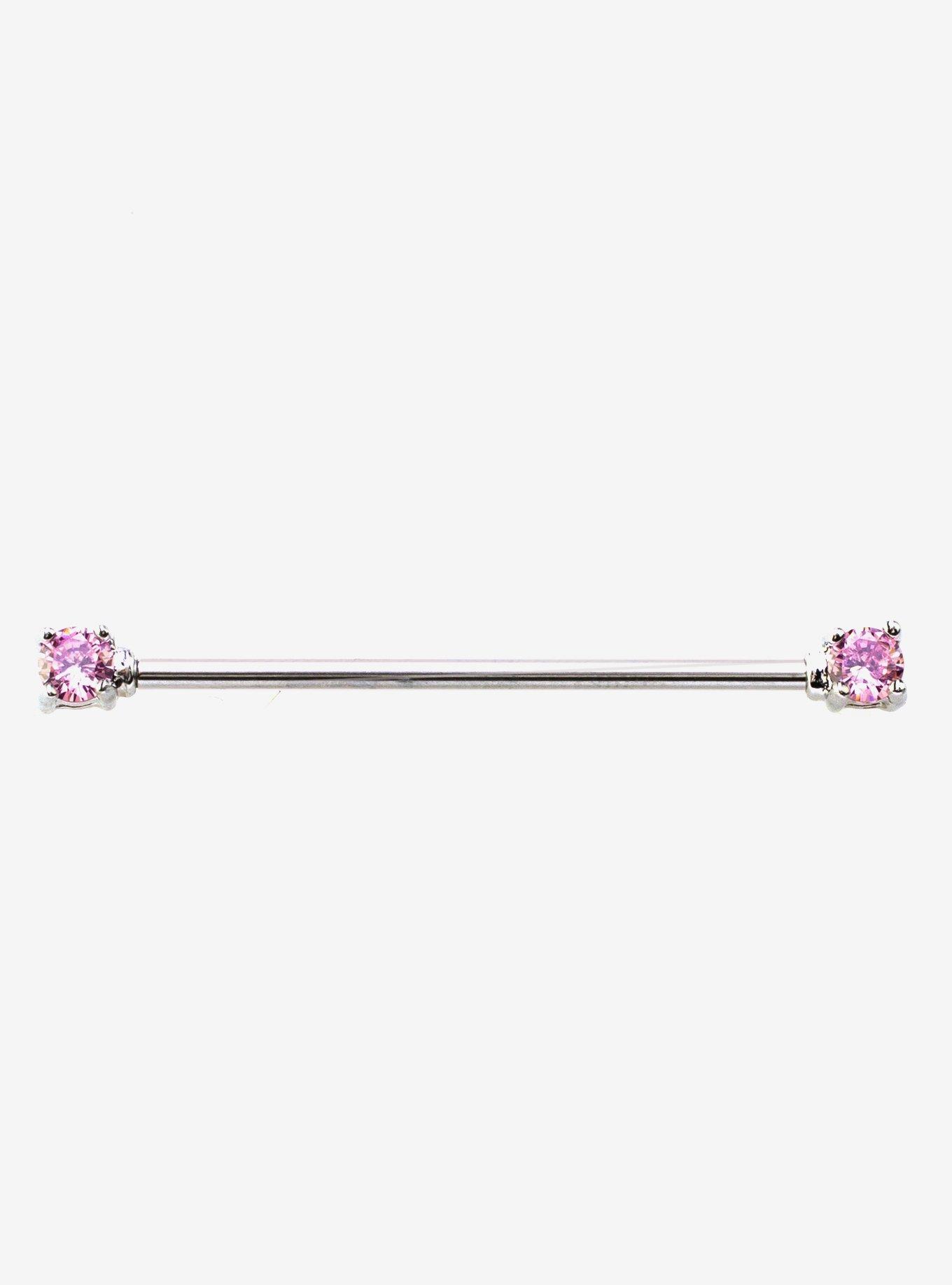 Steel Silver Pink Gem Industrial Barbell, , hi-res