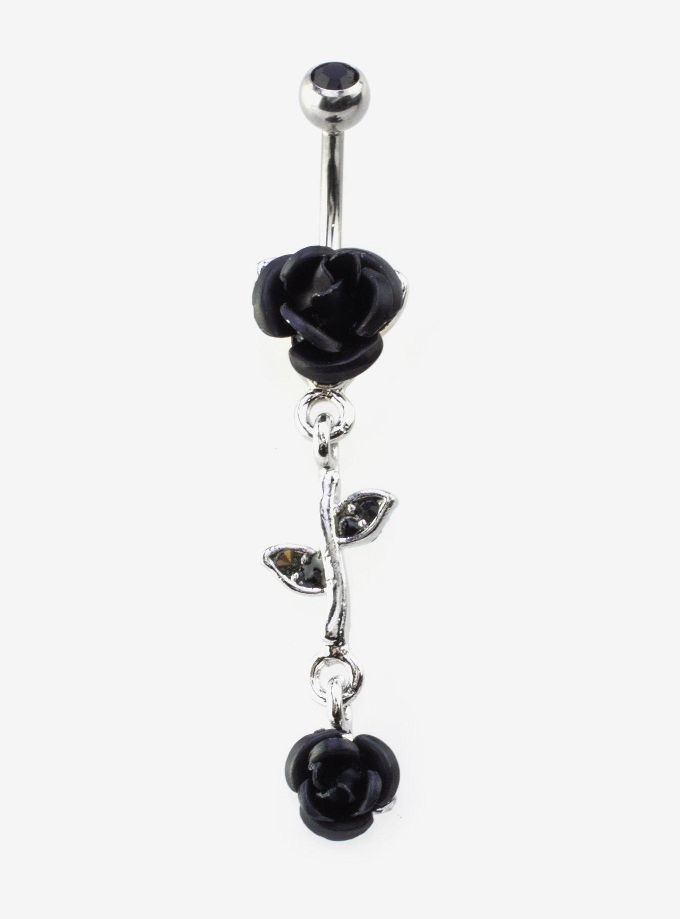 Steel Silver Black Rose Navel Barbell, , hi-res