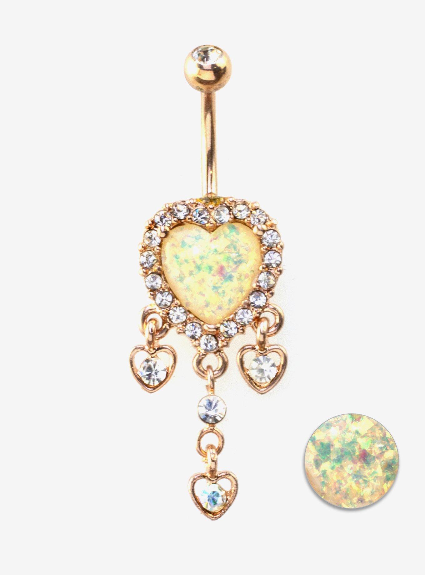 Steel Gold Opal Heart Navel Barbell, , hi-res