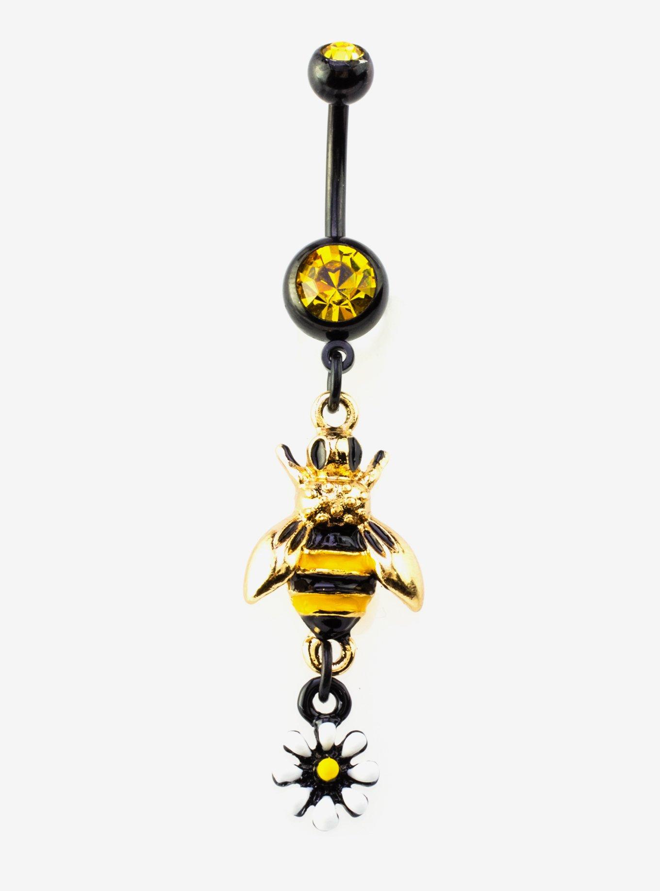Steel Black Bee Navel Barbell, , hi-res