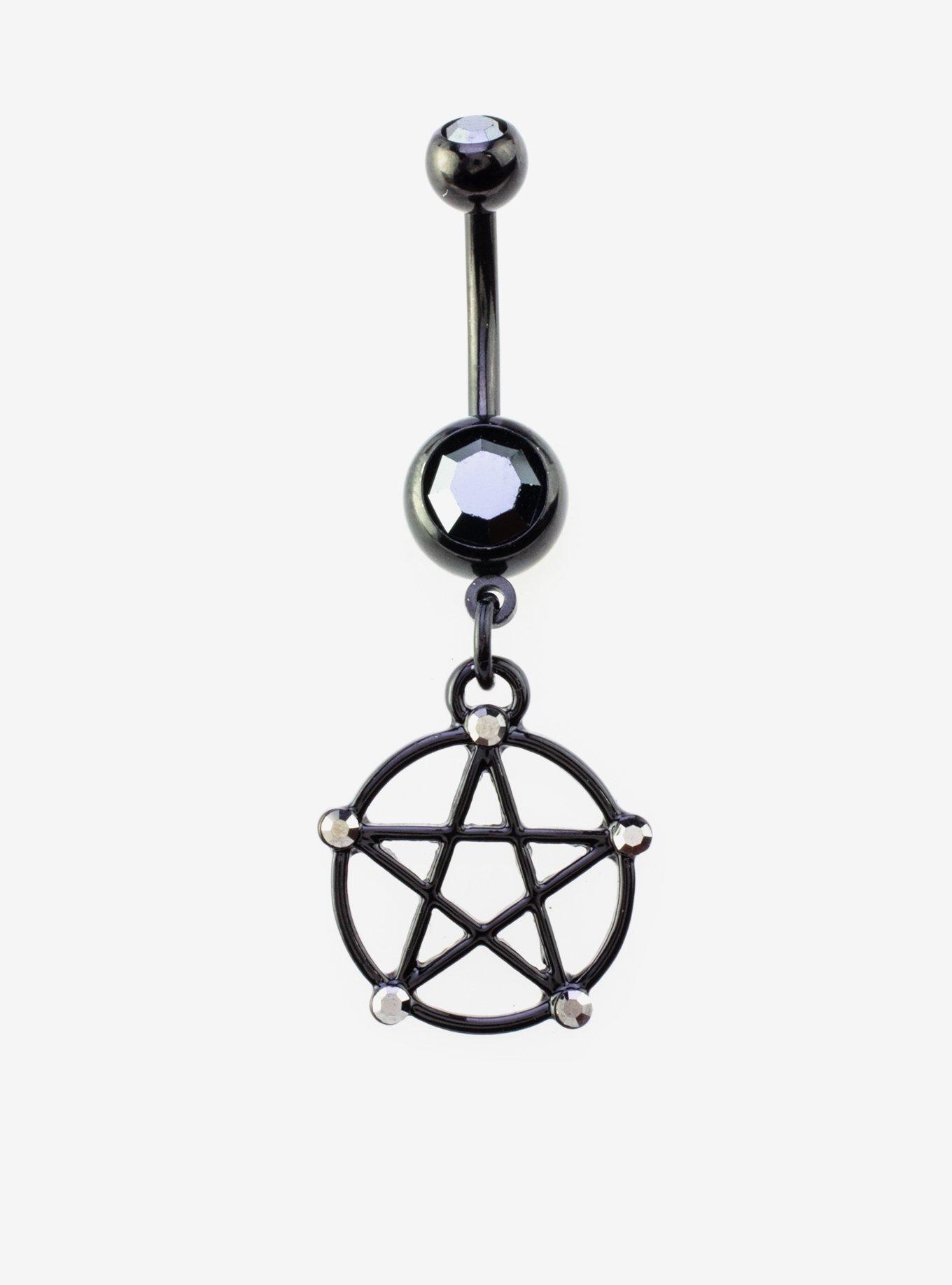 Steel Black Pentagram Navel Barbell, , hi-res