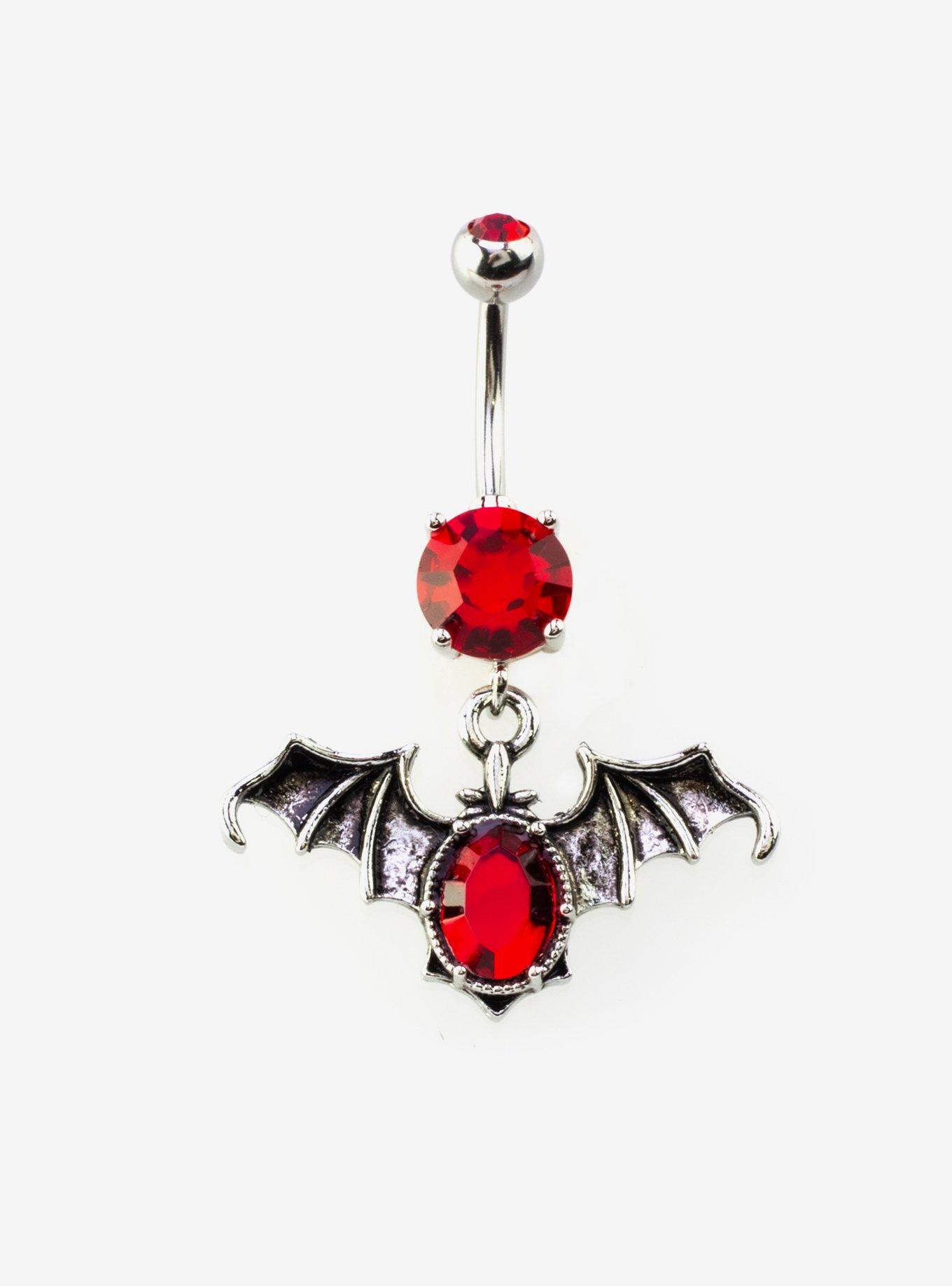Steel Silver Bat & Red Gem Navel Barbell, , hi-res