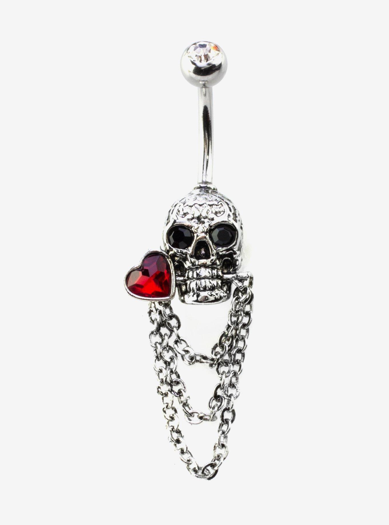Steel Silver Skull Heart Chain Navel Barbell, , hi-res