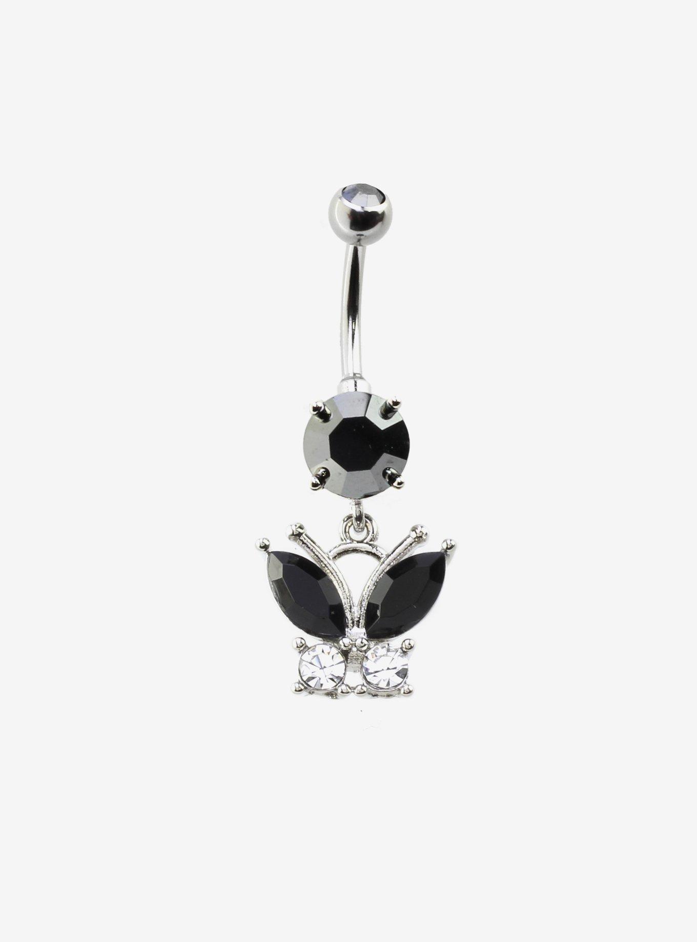Steel Silver Gem Butterfly Navel Barbell, , hi-res