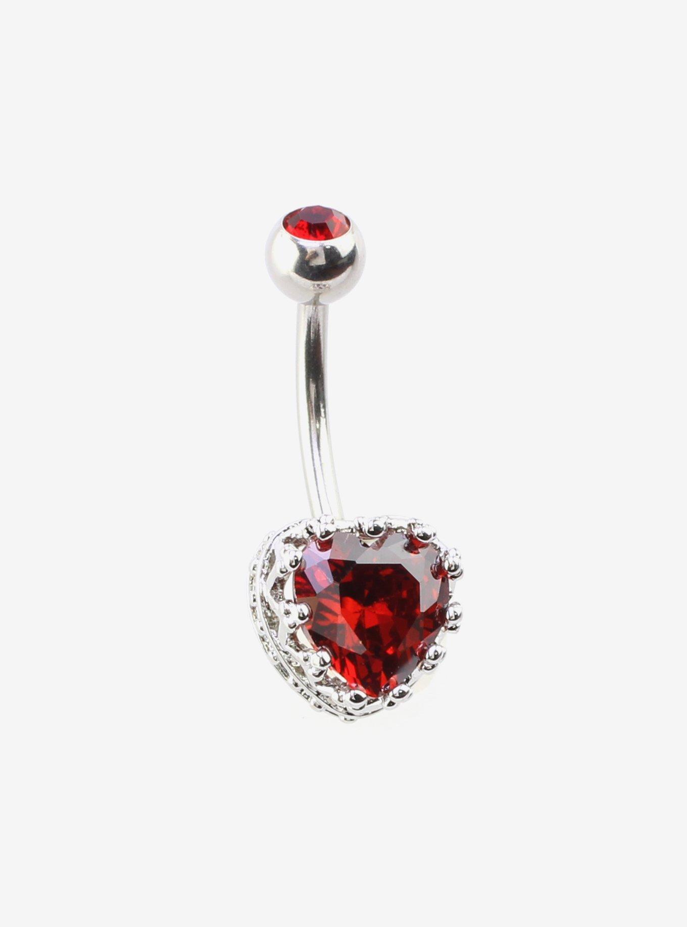 Steel Silver Red Gem Heart Navel Barbell, , hi-res