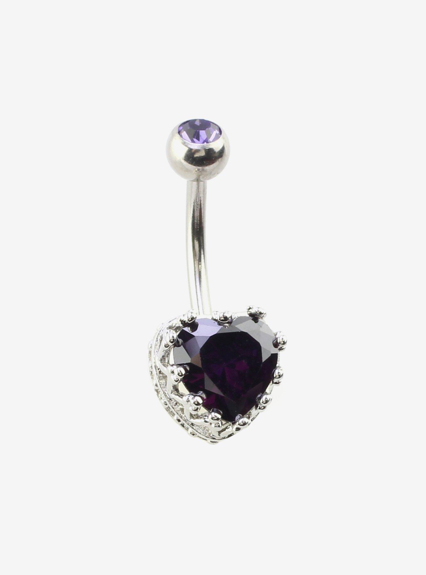 Steel Silver Purple Gem Heart Navel Barbell, , hi-res