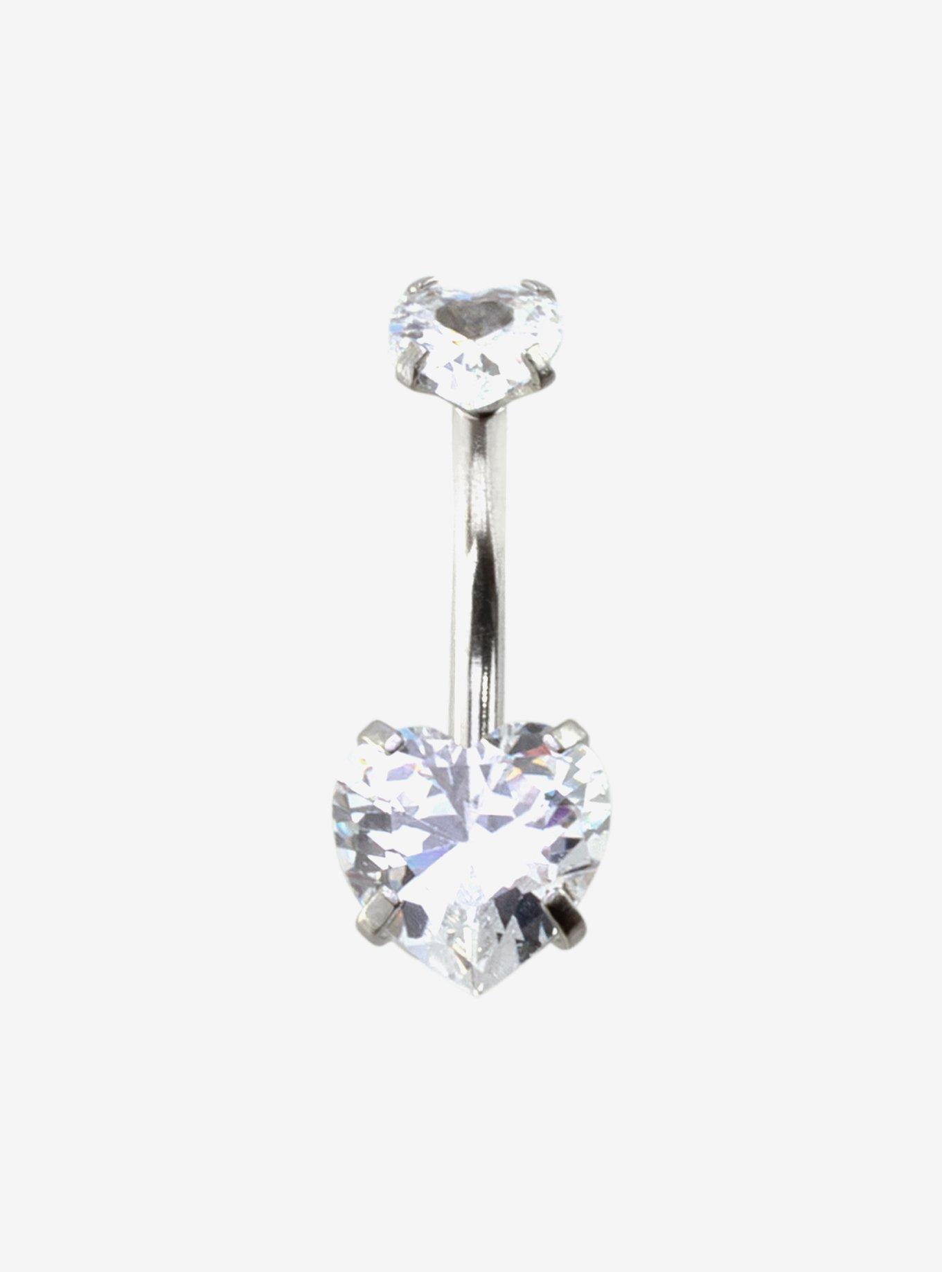 Steel Silver CZ Gem Heart Navel Barbell, , hi-res