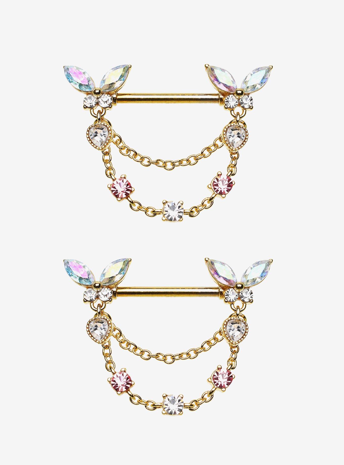 Steel Gold Jeweled Butterfly Nipple Barbell 2 Pack, , hi-res