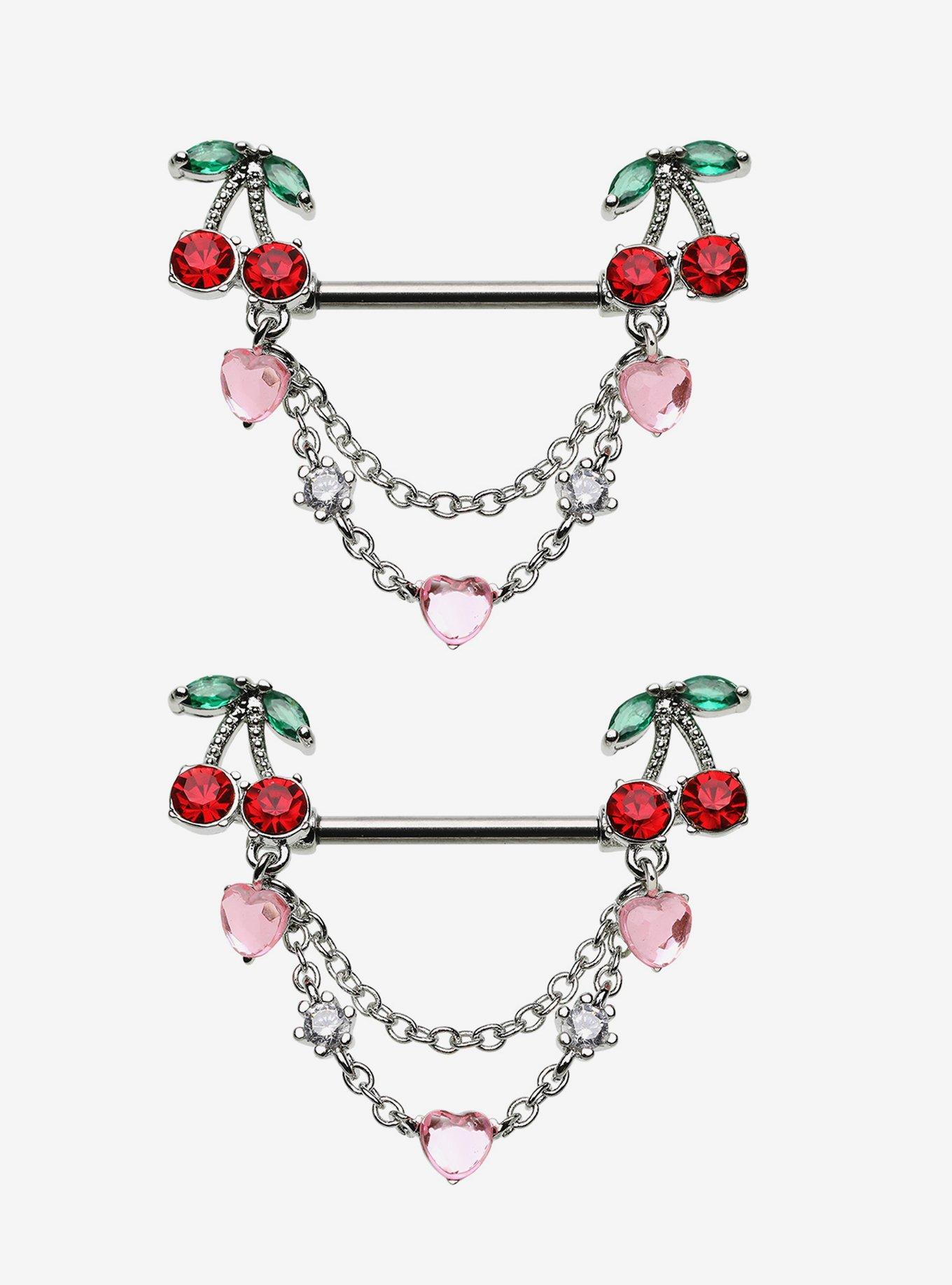 Steel Silver Cherry & Heart Nipple Barbell 2 Pack, , hi-res