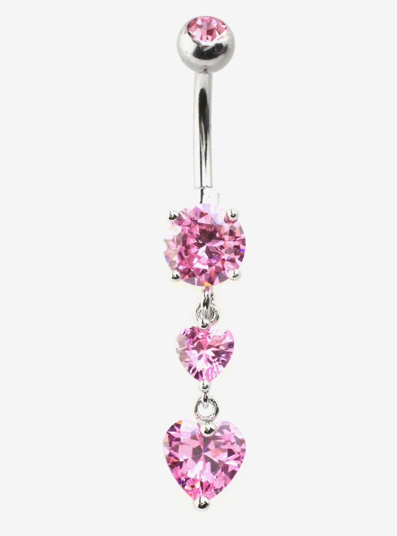 Steel Pink Bling Heart Navel Barbell, , hi-res