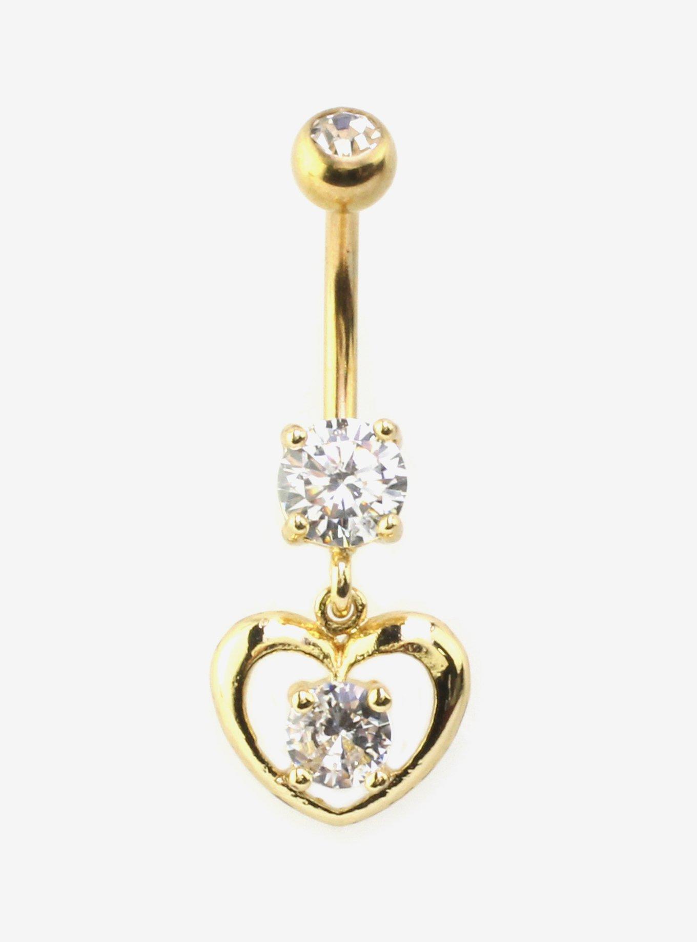 Steel Gold Bling Heart Navel Barbell, , hi-res