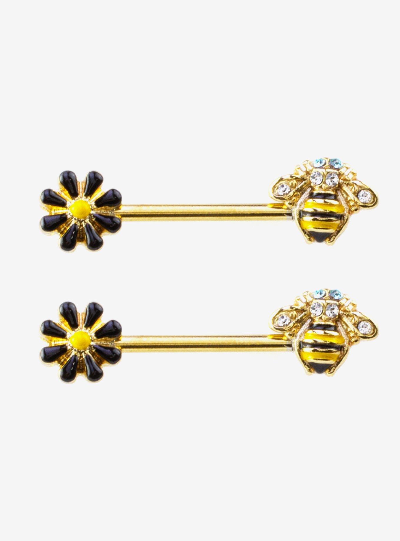 Steel Gold Bee & Daisy Nipple Barbell 2 Pack, , hi-res