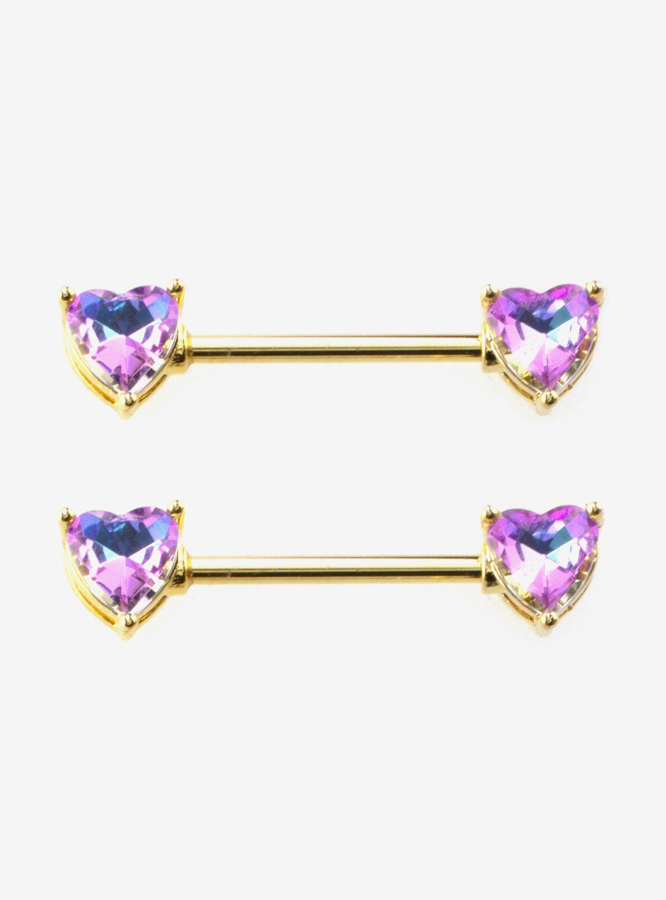 Steel Gold AB Heart Gem Nipple Barbell 2 Pack, , hi-res