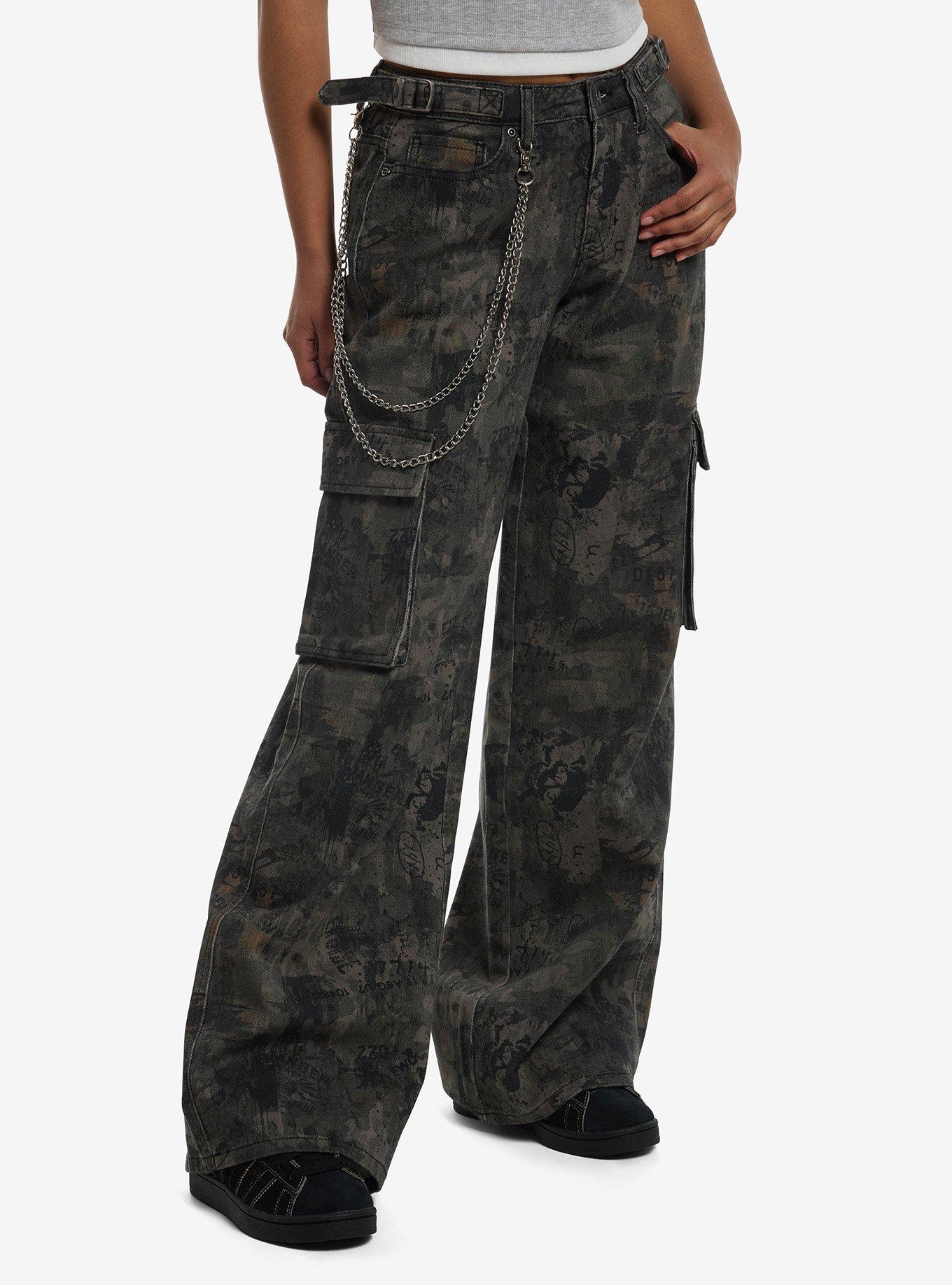 Graffiti Camo Print Cargo Pants With Side Chain, , hi-res