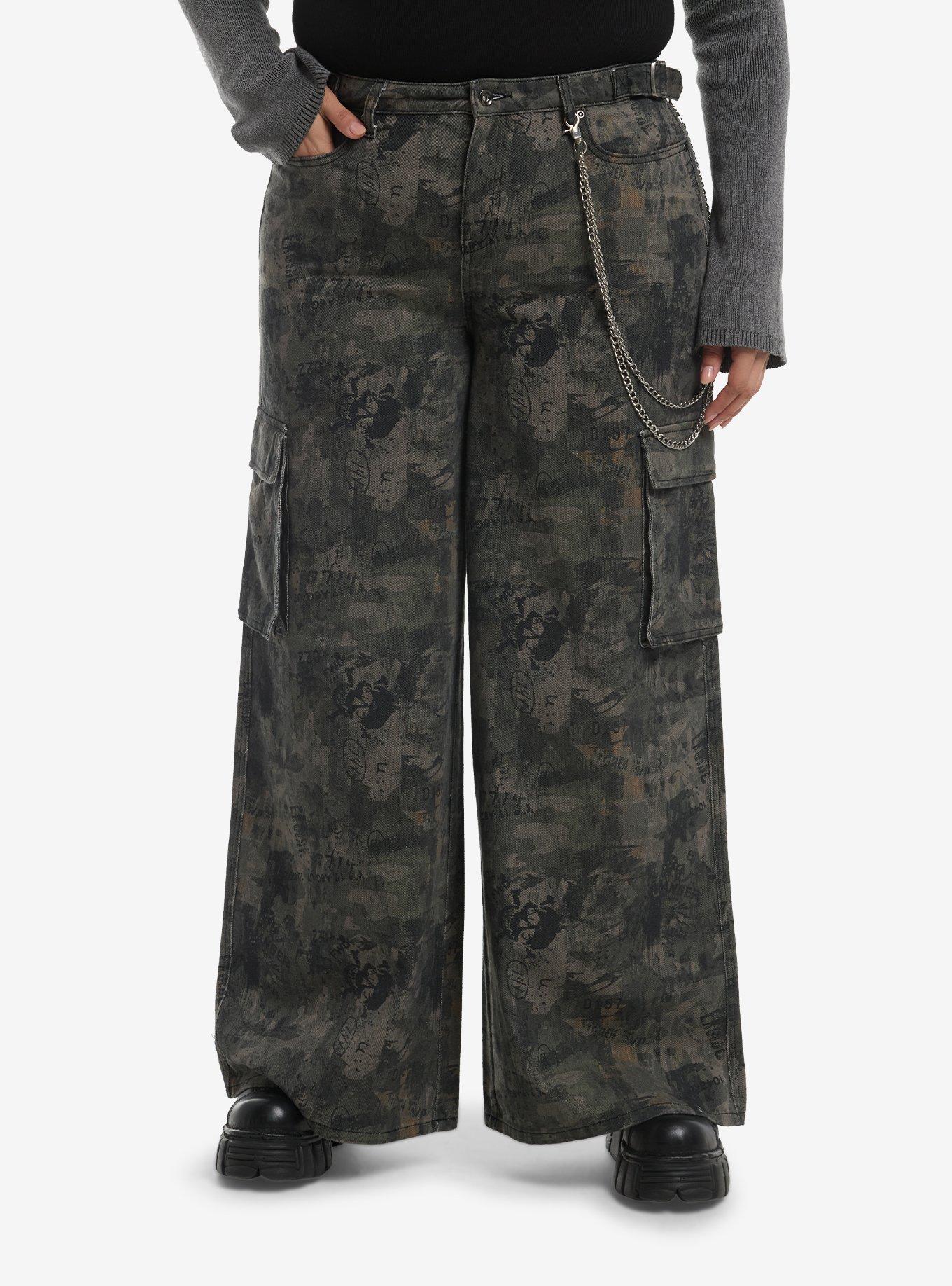 Graffiti Camo Print Cargo Pants With Side Chain Plus Size, , hi-res