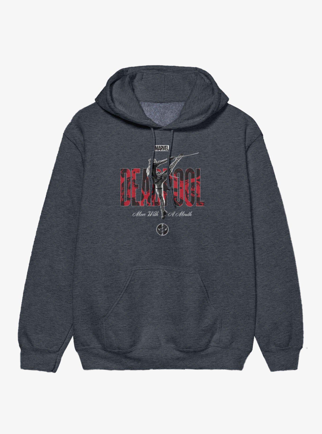 Marvel Deadpool Merc With A Mouth Pose Hoodie BoxLunch Exclusive, DARK HEATHER, hi-res view 1