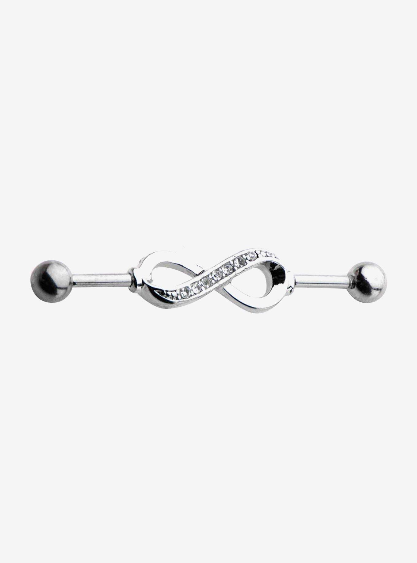 Steel Silver Jeweled Infinity Symbol Industrial Barbell, , hi-res