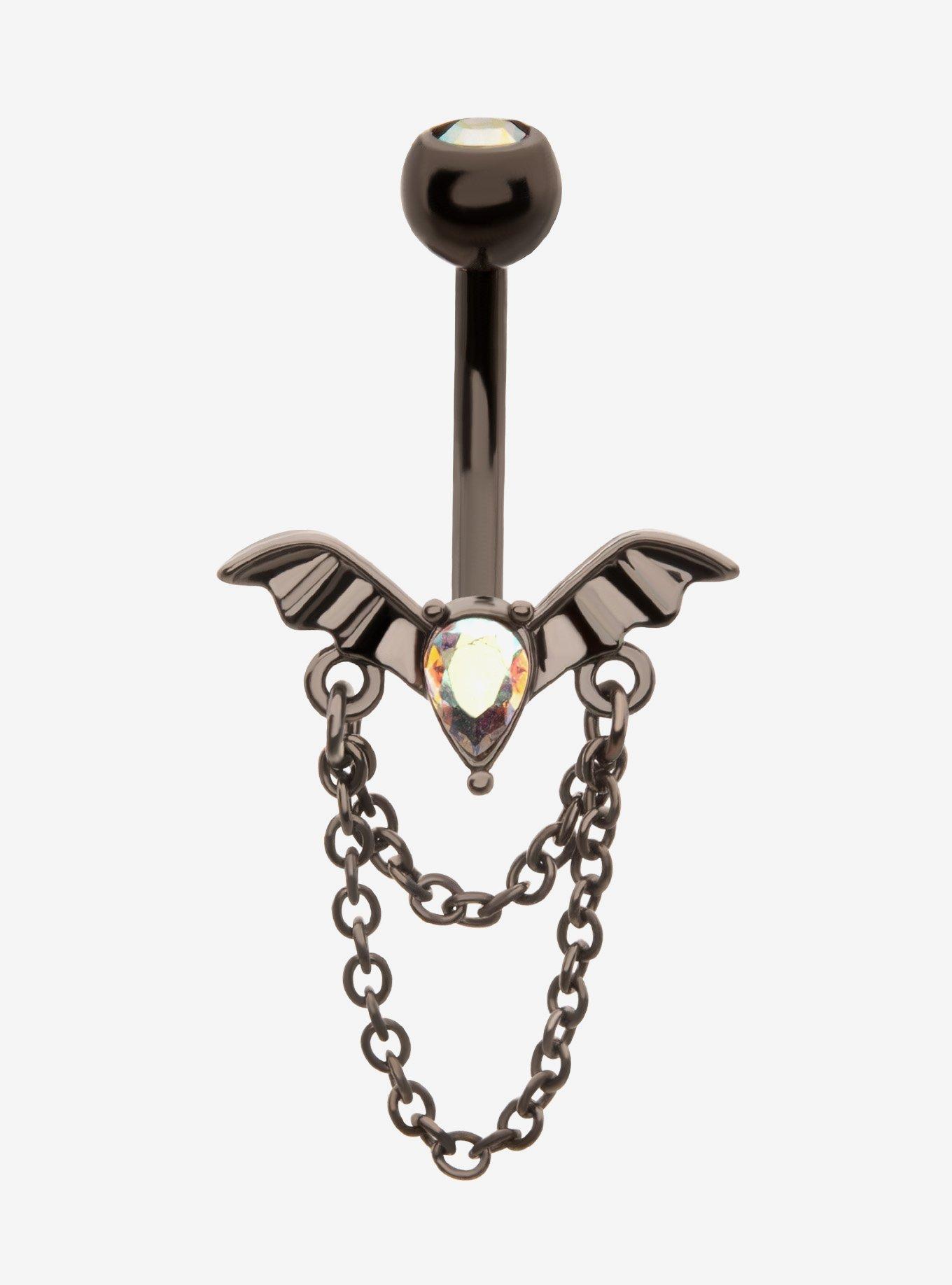 Steel Black Bat & Chains Navel Barbell, , hi-res