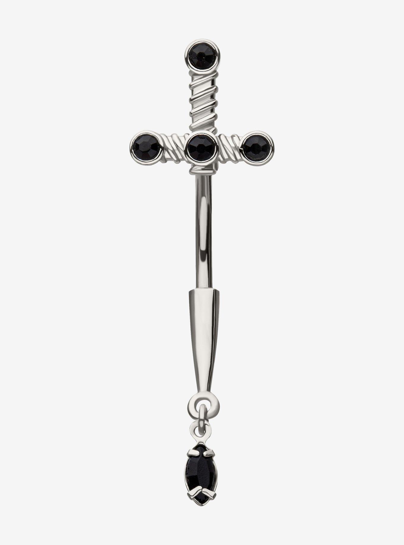 Steel Silver Black Jewel Dagger Navel Barbell, , hi-res