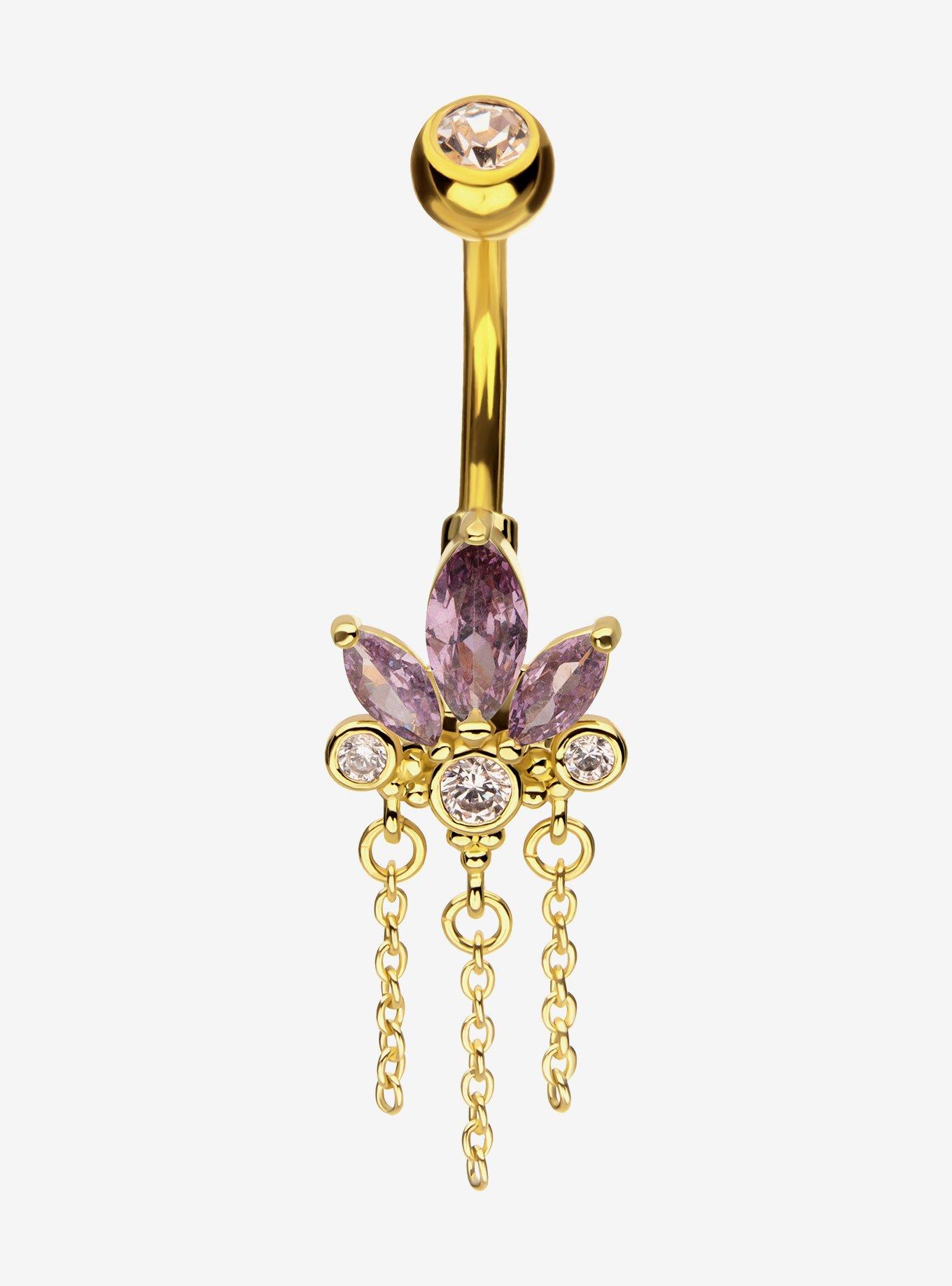 Steel Gold Lotus Flower Navel Barbell, , hi-res