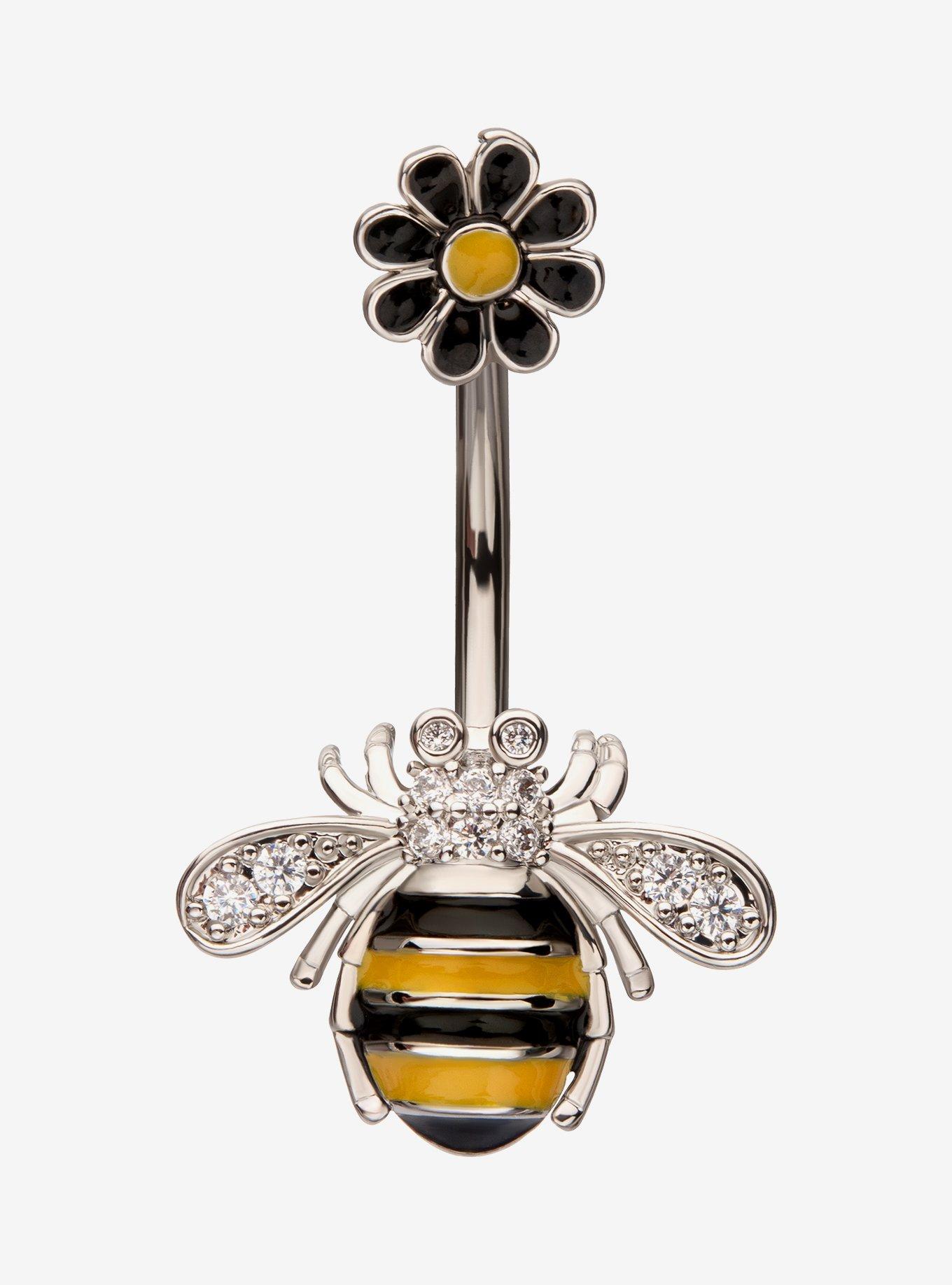 Steel Silver Bee & Flower Navel Barbell, , hi-res