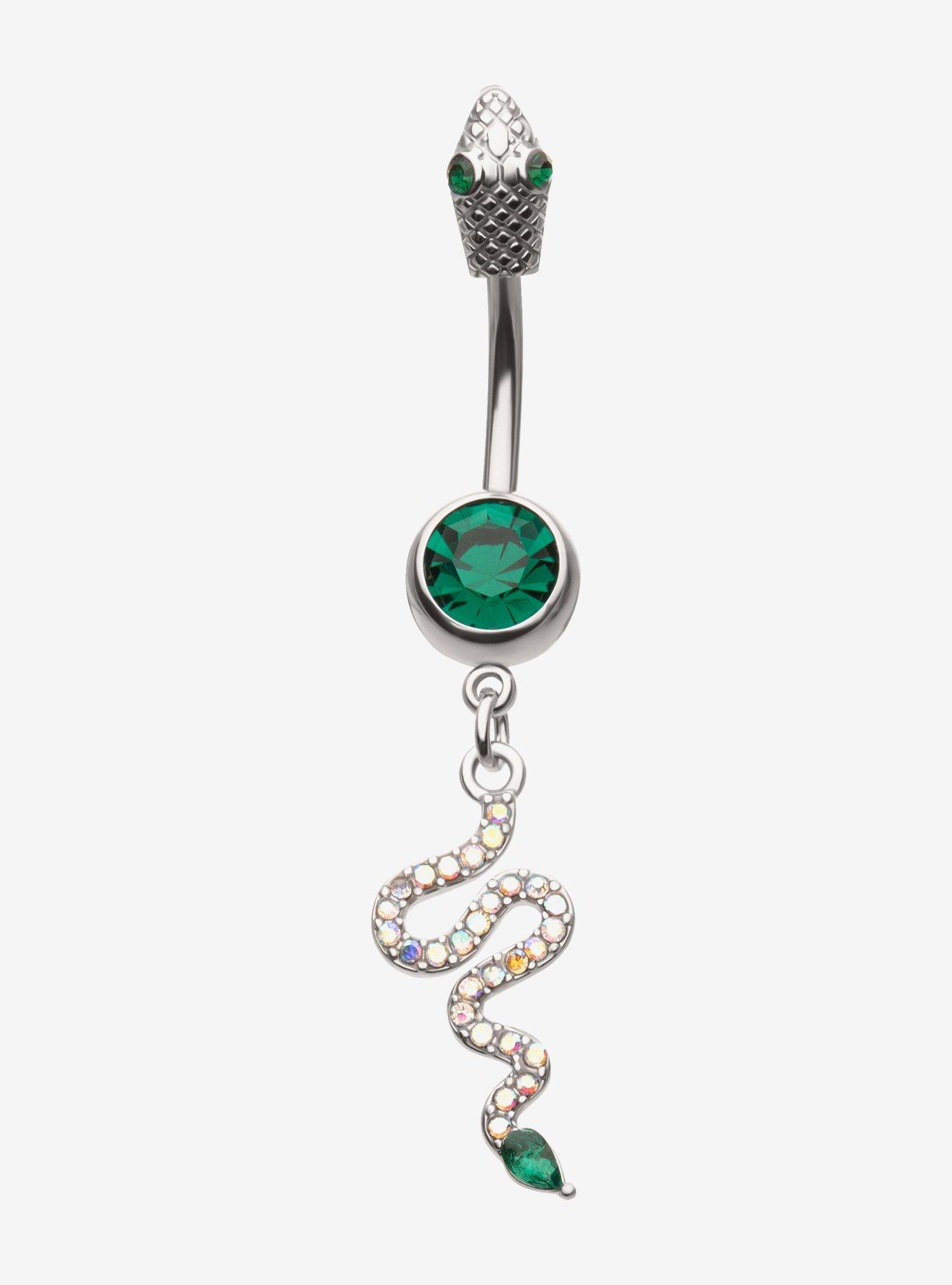 Steel Silver Snake & Green Gem Navel Barbell, , hi-res