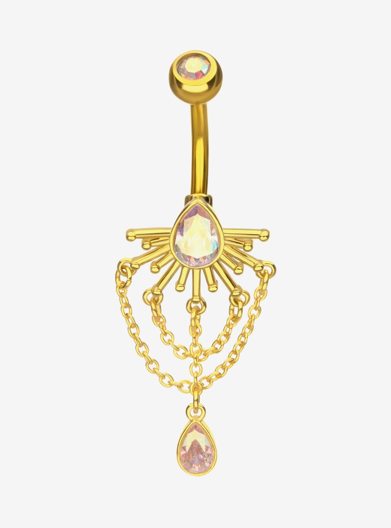 Steel Gold Pear Gem & Chains Navel Barbell, , hi-res