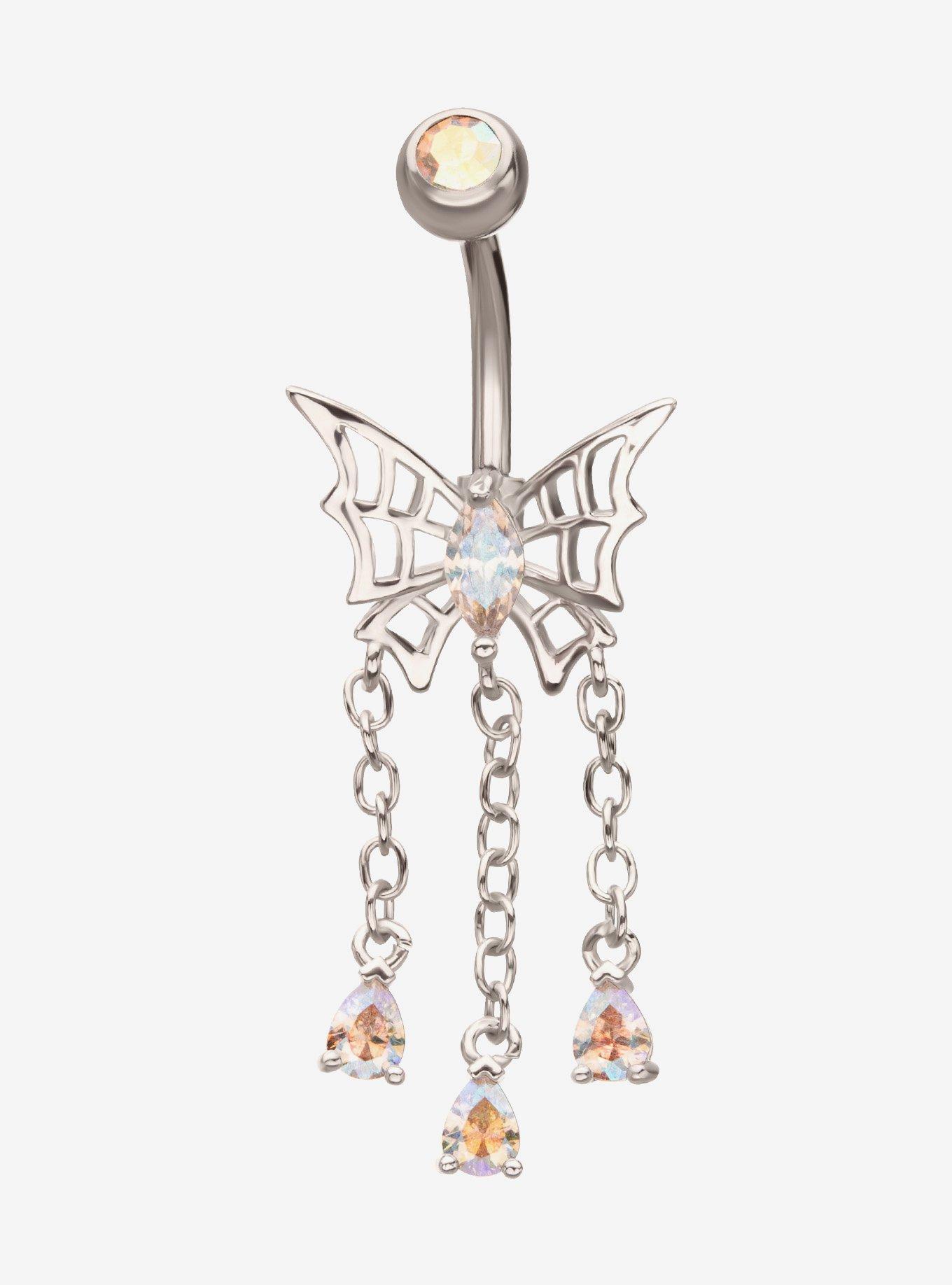 Steel Silver Spiderweb Butterfly Gem Navel Barbell, , hi-res
